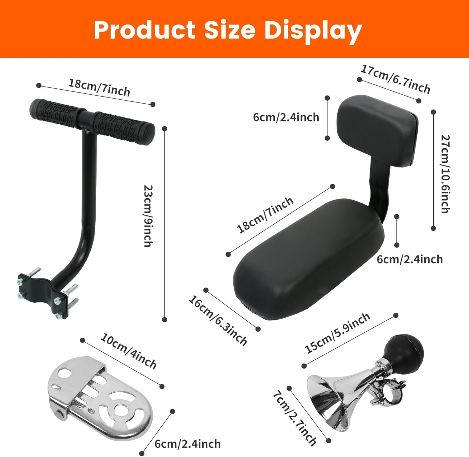 Child Bike Rear Seat Bike Back Seat with Backrest Child Bicycle Rear Seat Bicycle Rear Back Seat Cushion Bike Back Seat Safety Armrest Handrail Feet Pedals Kids Bike Seat Carrier for over 5 Years Old image number 2