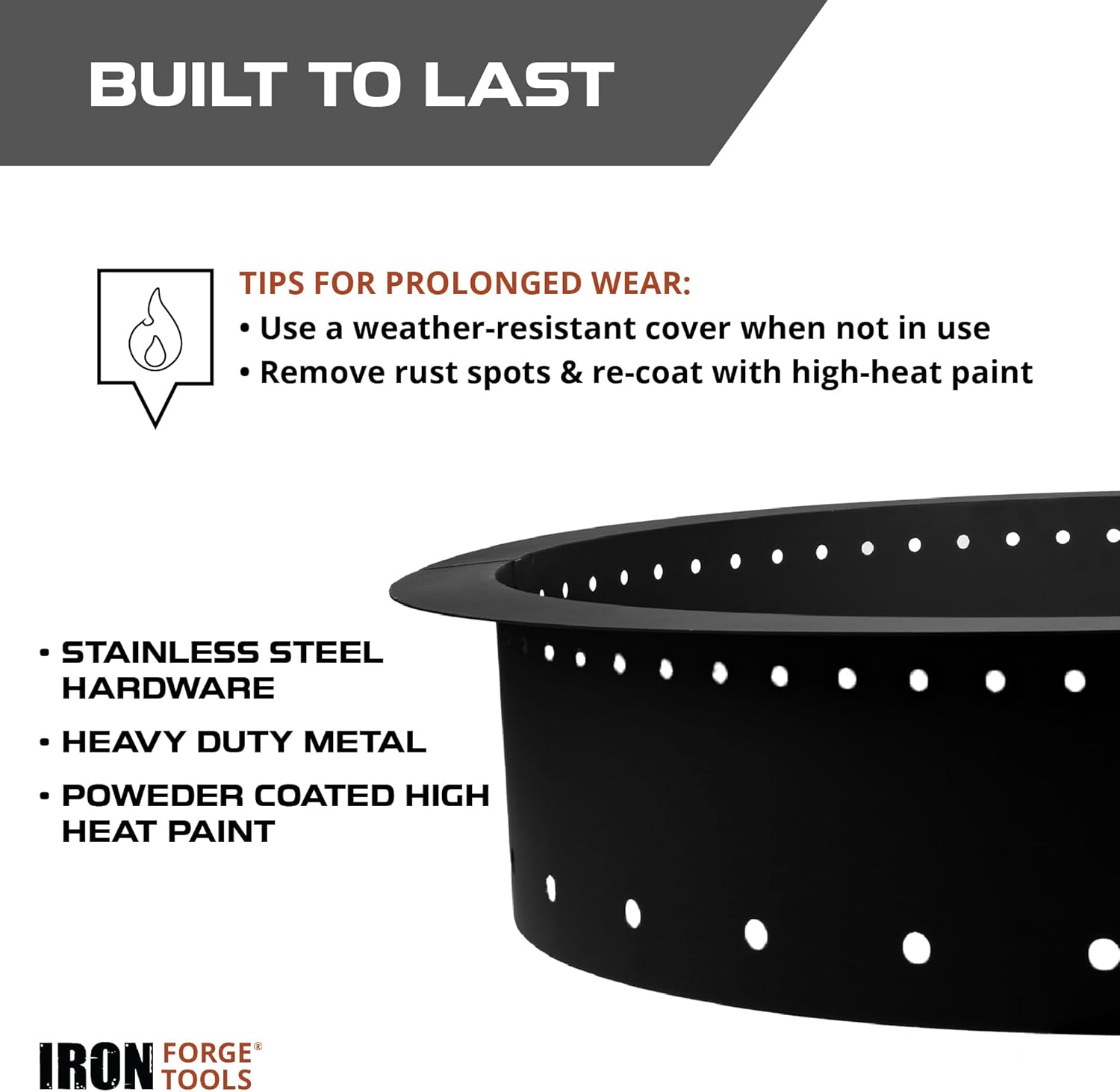 Iron Forge Tools Fire Pit Ring 48 Inch Outer/42 Inch Inner - Heavy Duty Metal Smokeless round Fire Pit Insert Liner for Outdoor - Fire Ring for outside Fire Pit (48X42X10 Inch) - Patent Pending image number 5