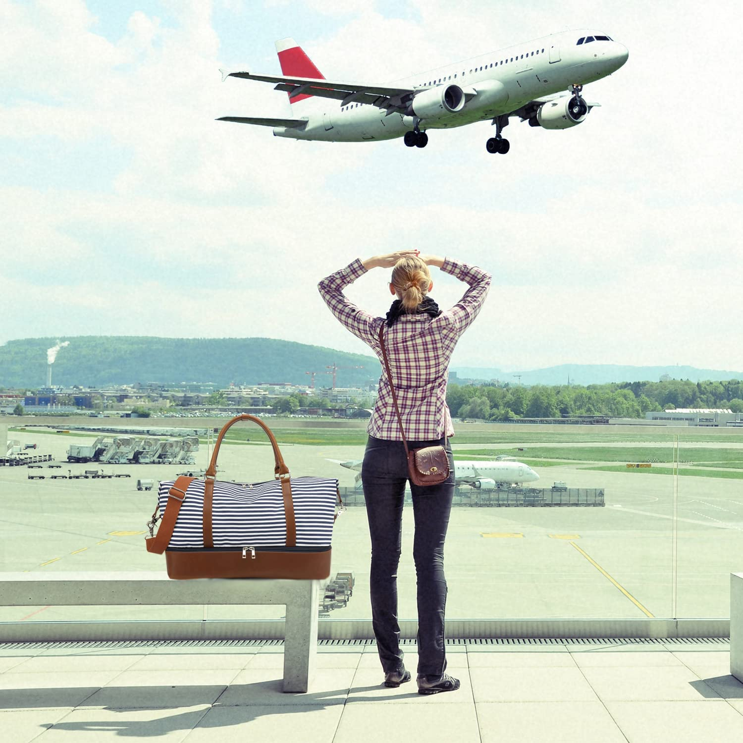 Large Women Canvas Weekender Bag for Travel, 45L Travel Tote Duffel Shoulder Weekend Bag Unisex Overnight Handbag Carry on Duffel Bag (X-Large,Black Stripe) image number 1