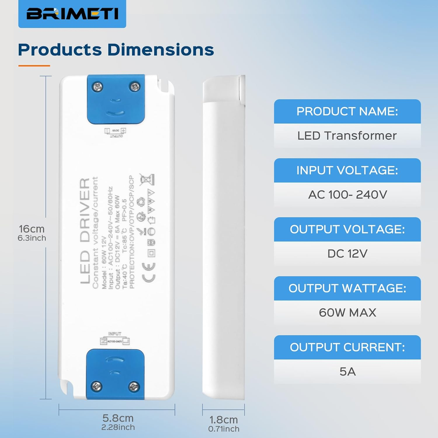 LED Driver 12V, BRIMETI 60W LED Transformer 5A Slim LED Power Supply Adapter AC 240V to 12V DC Low Voltage, Constant Voltage, Suitable for LED Light Strip image number 1