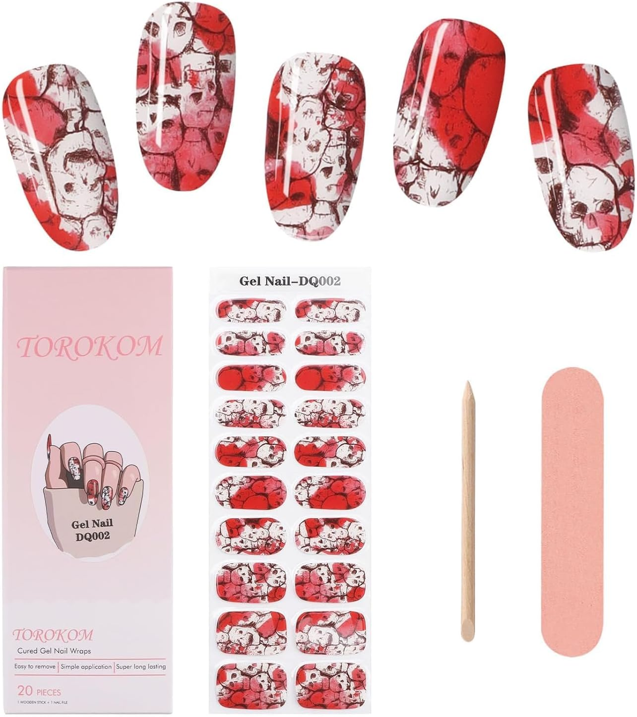 Kalolary Halloween Cured Gel Nails Strips, Bloody Skull ​Gel Nail Polish Strips Long Lasting Waterproof Full Nail Wraps Stickers with Stick, Nail File, Wipes & Sealing(Uv/Led Lamp Required) image number 1