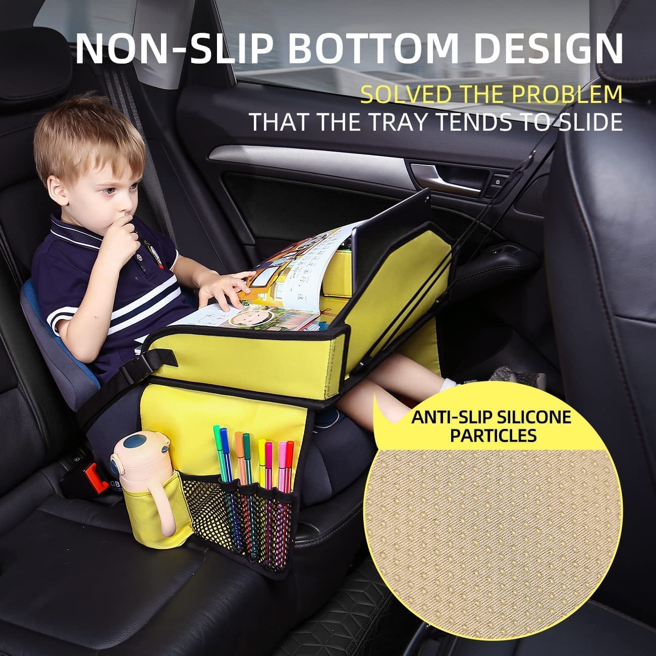 Kids Travel Tray for Toddler Car Seat, Toddler Car Seat Tray Organizer, Large Ipad Holder Road Trip Essential, Soft Padding, Waterproof, Food & Snack Lap Tray Carseat, Stroller (Yellow) image number 4