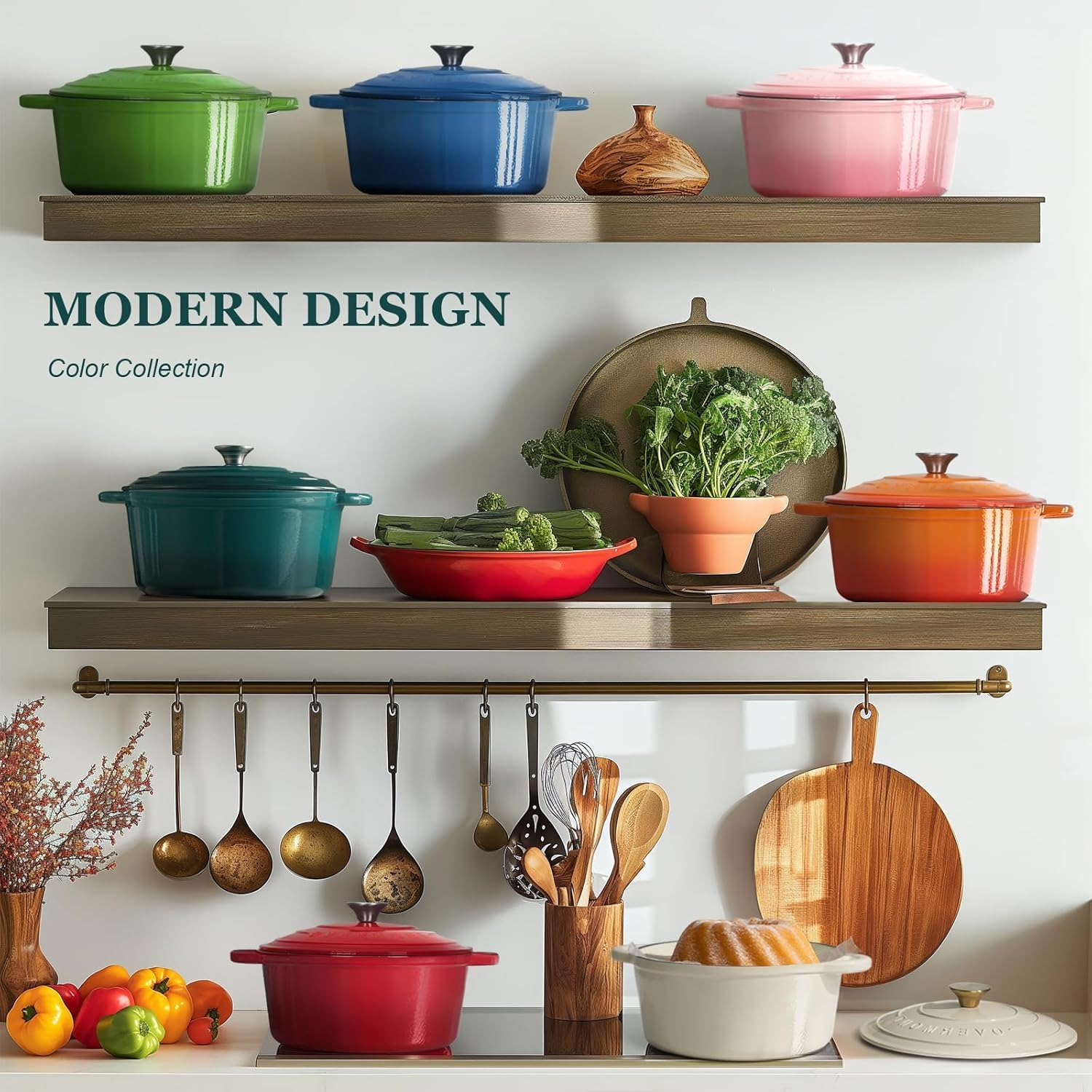 Overmont Enameled Cast Iron Dutch Oven - 5.5QT Pot with Lid Cookbook & Cotton Potholders - Heavy-Duty Cookware for Braising, Stews, Roasting, Bread Baking Bottle Green