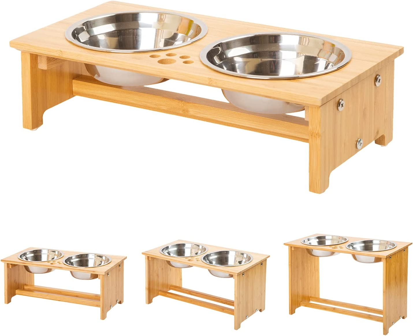 FOREYY Raised Pet Bowls for Cats and Small Dogs, Bamboo Elevated Dog Cat Food and Water Bowls Stand Feeder with 2 Stainless Steel Bowls and anti Slip Feet (4'' Tall-20 Oz Bowl) image number 5