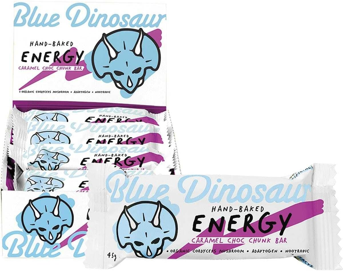 Blue Dinosaur Caramel Choc Chunk Energy Bars 12 X 45G Box - Hand-Baked - Nootropic - Adaptogen - Organic Cordyceps Mushroom - Plant Based - Grain Free - Gluten Free - Nothing Artificial image number 1