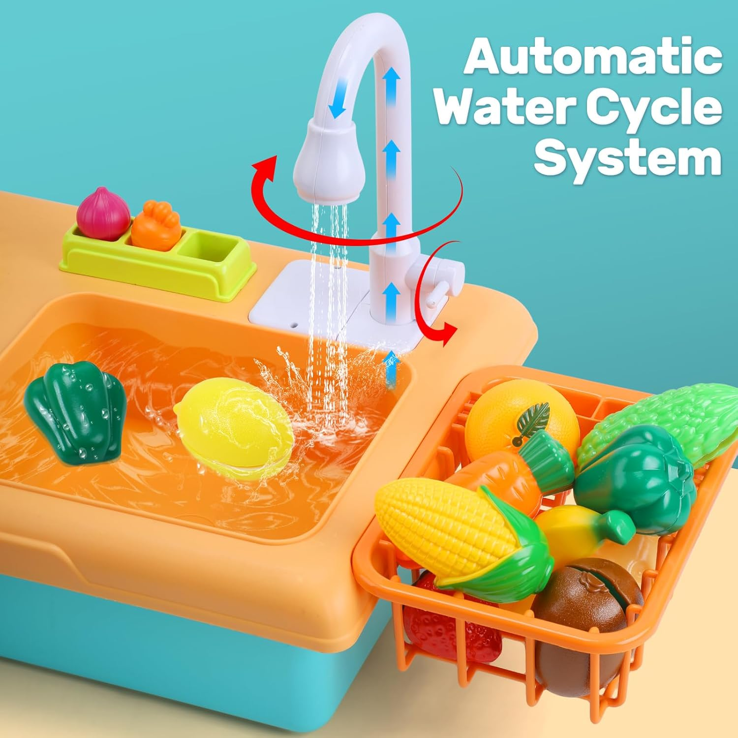 CUTE STONE Play Sink with Running Water, Toddler Sink Toy with Upgraded Electric Faucet, Play Kitchen Accessories, Cooking Stove, Vegetable Garden Toys, Learning Kitchen Toys for Kids image number 2