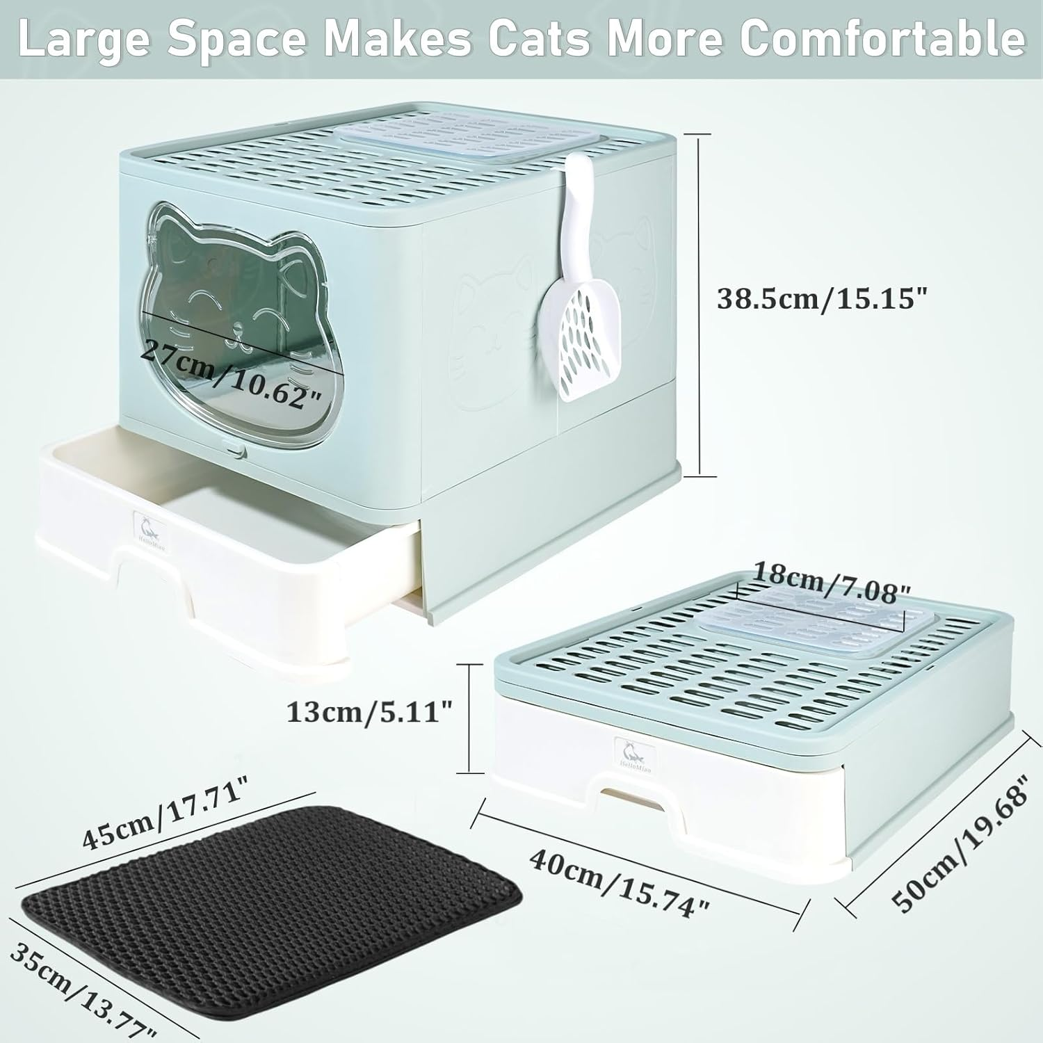 Large Fully Enclosed Cat Litter Box with Door, Odor Control & Foldable Design | Drawer-Type Hooded Litter Tray with Carbon Filter | Easy Clean & Privacy for Cats up to 8Kg image number 3