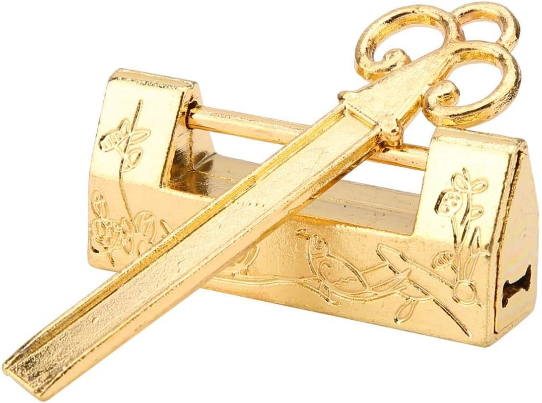 Mini Chinese Style Traditional Magpie Flower Padlock Small Key for Vintage Furniture Padlock Vintage (Gold)