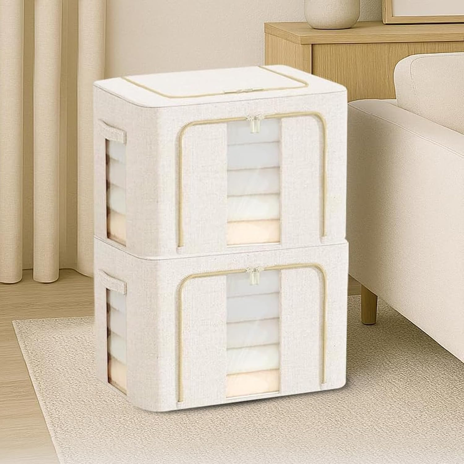 2 Pack Clothes Storage Box with Zipper, 66L Foldable Linen Container with Handles Large Capacity Storage Organizer (Milky White 66L) image number 5