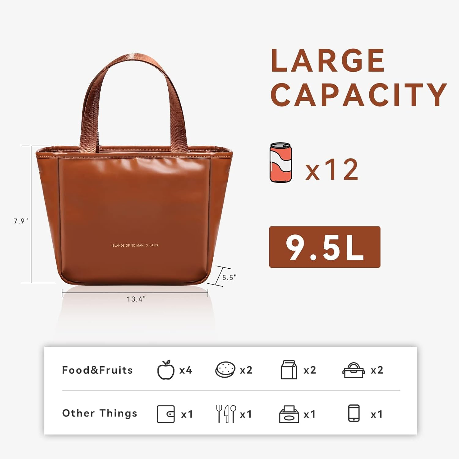 Lunch Bag for Women, 9.5L Insulated Lunch Bag,Pu Leather Lunch Bag, Waterproof and Leakproof,With Compartments,Widened Handles, Large Capacity and Foldable, Suitable for Office, School,Outdoor (Brown) image number 4