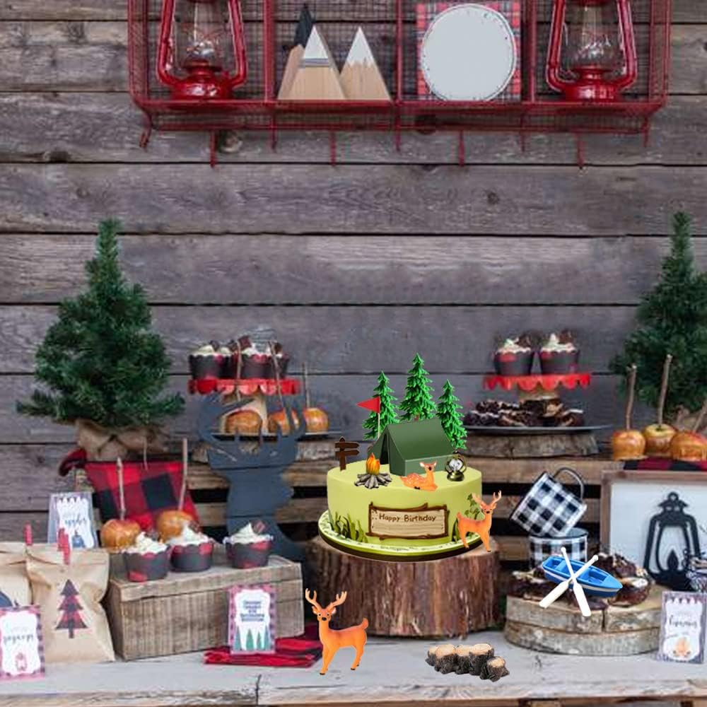 15PCS Camping Cake Decorations - Camping Cake Toppers Fireside Camp Decor Set for Kids Camper Camping Fans' Birthday Party Cake Decors image number 1