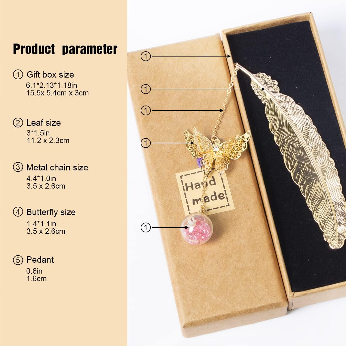 Metal Feather Bookmark with 3D Butterfly and Glass Bead Pendant, Exquisite Bookmark Book Marker for Book Lover, Teachers, Friends, Grandma, Woman and Kids (Silver Feather Pink Ball White F) - Golden Feather Bell image number 4