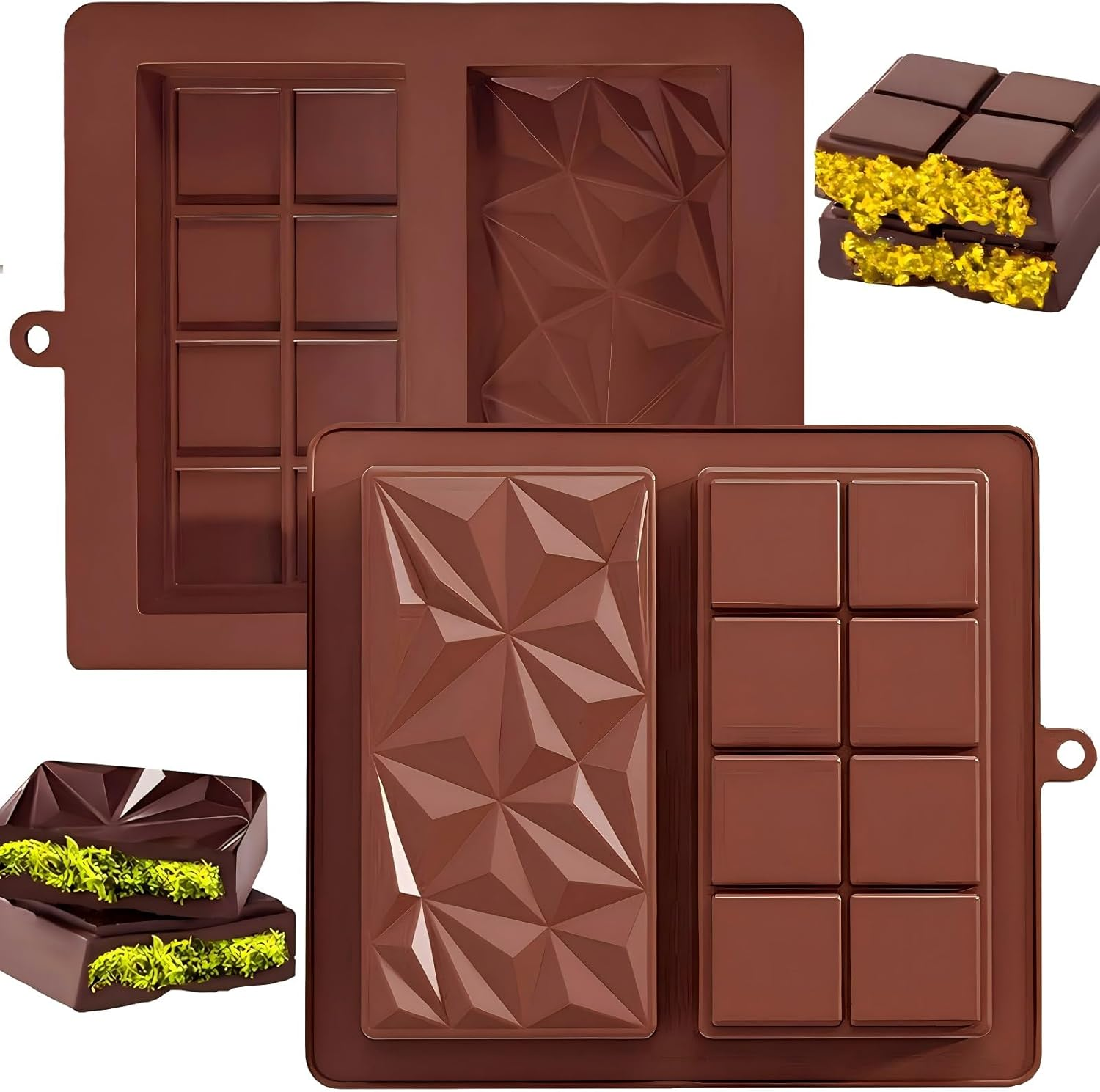 2 Pack Chocolate Bar Mold Deep Dubai 1 Inch Pistachio Chocolate Bar Silicone Thick Mold for Stuffed Bar, Home Kitchen Baking, Holiday Gifts, Wedding Parties Large Candy Bar Mold for Filling