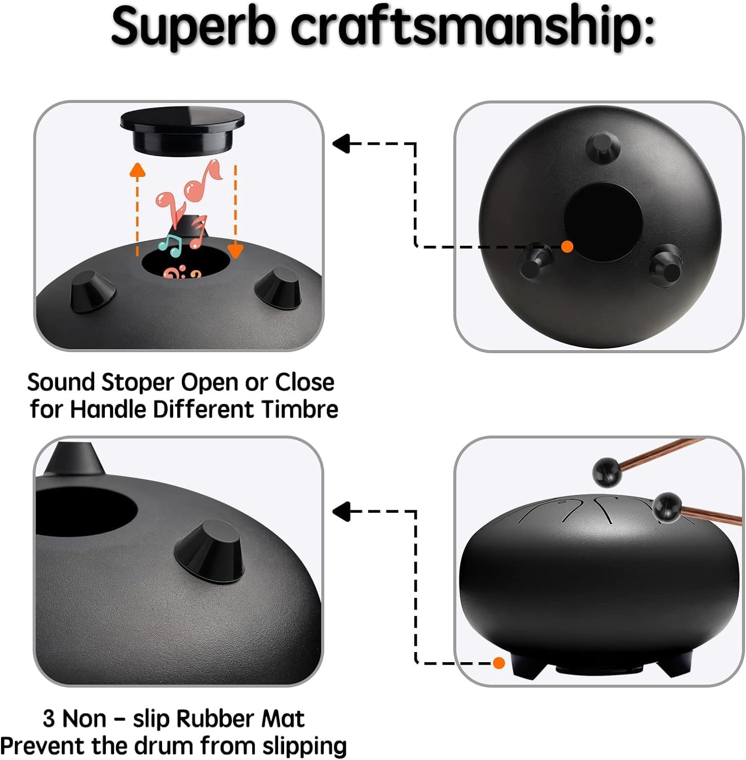 Steel Tongue Drum 6 Inch 8 Notes Hand Drums with Bag Sticks Music Book, Sound Healing Instruments for Musical Education Entertainment Meditation Yoga Chakra - Black image number 5