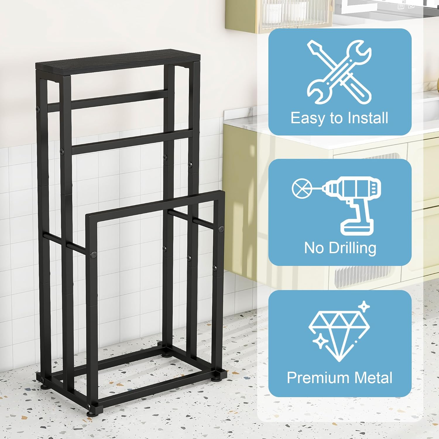 VERFARM Freestanding Towel Rack for Bathroom, 3 Tier Metal Blanket Ladder Holder Pool Drying and Display Rack with Shelf for Bedroom Living Room (Black) image number 4