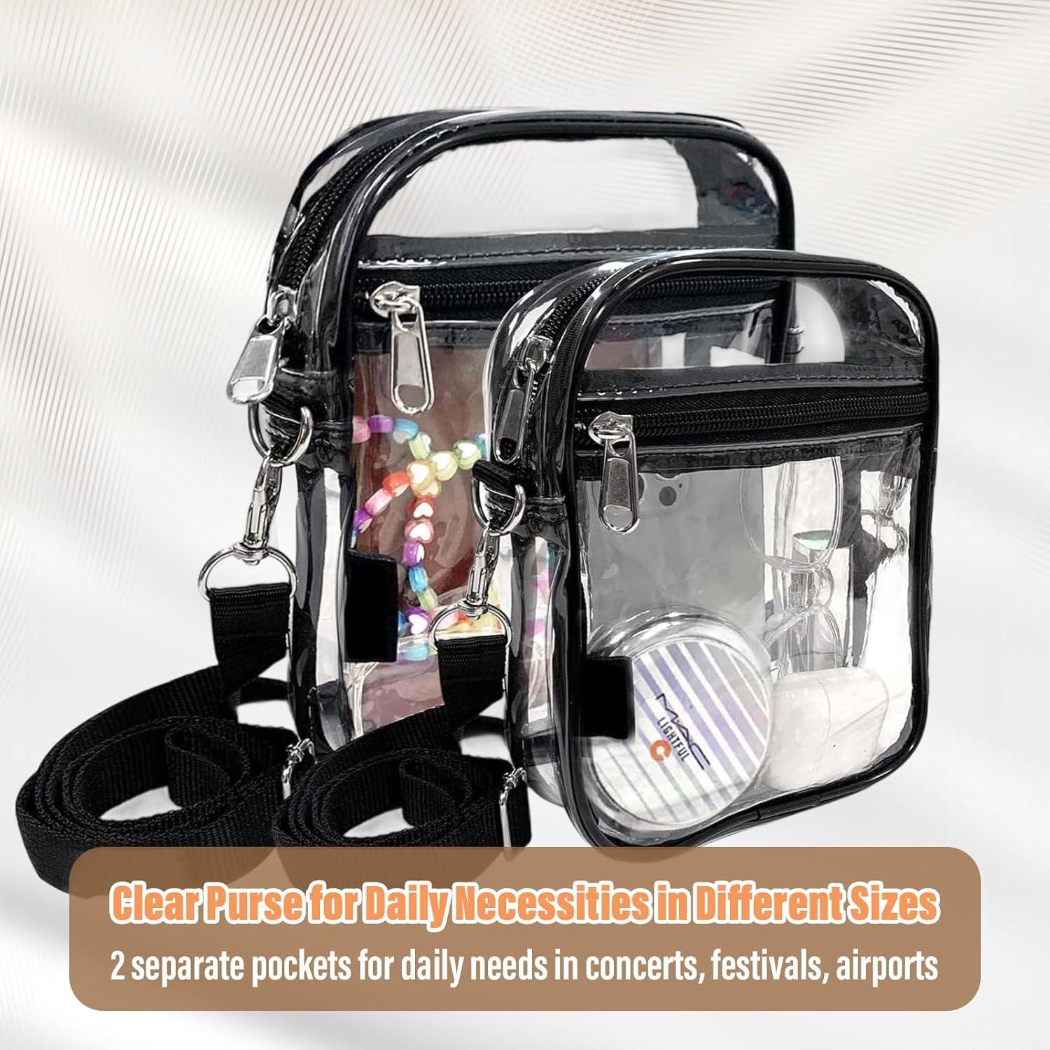 Supcomsta Clear Crossbody Bag, Clear Toiletry Bag with Color-Block Border, Double-Layered Clear Makeup Bag for Concerts Sports Festivals Toiletries, Wash Bag, Daily & Travel Use (Black, Large) image number 6