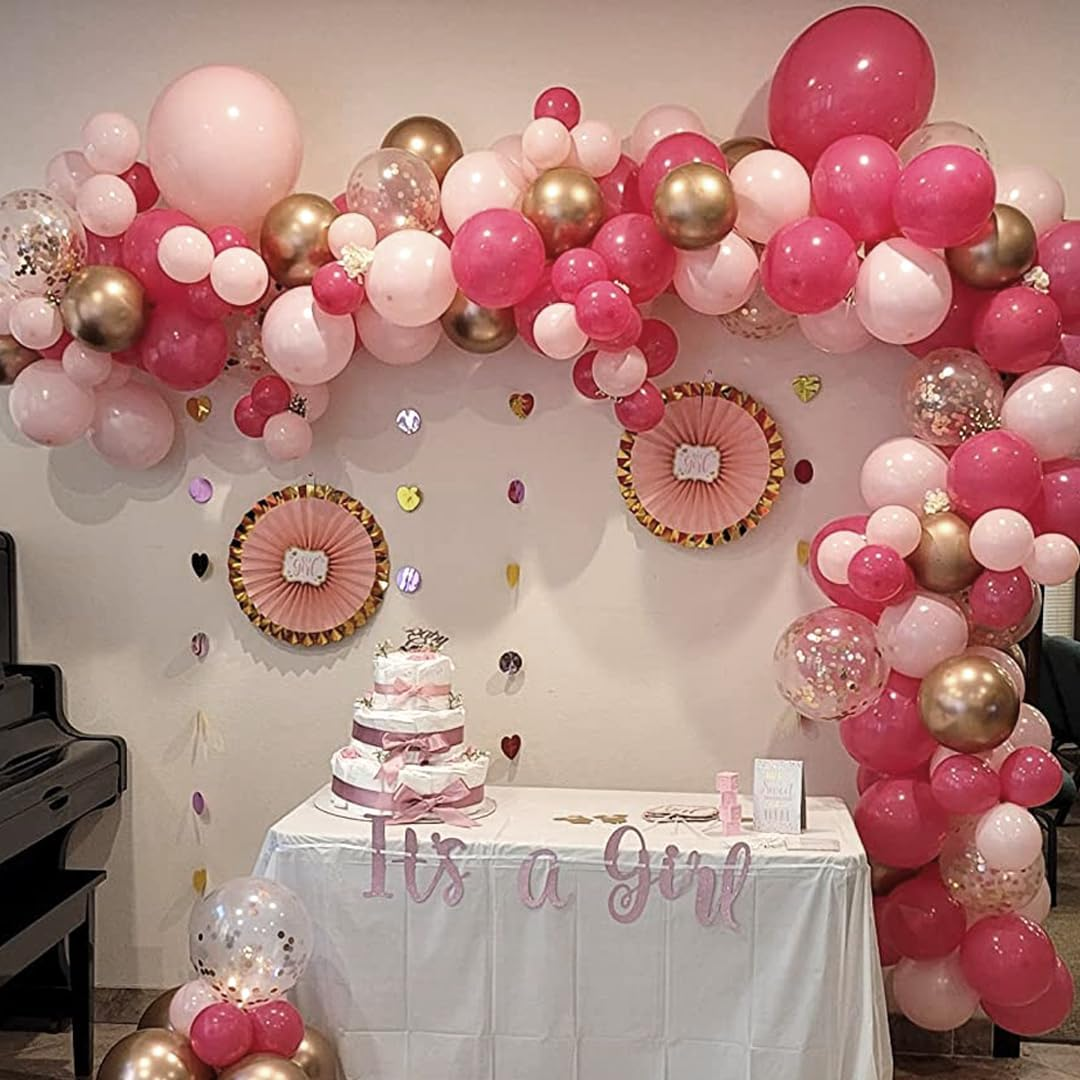 Pink and Rose Gold Party Balloons, 60Pcs 12 Inch Hot Pink White Rose Gold Confetti Latex Balloons for Birthday Wedding Baby Showe Gender Graduation Anniversary Party Decoration - Black Gold image number 3