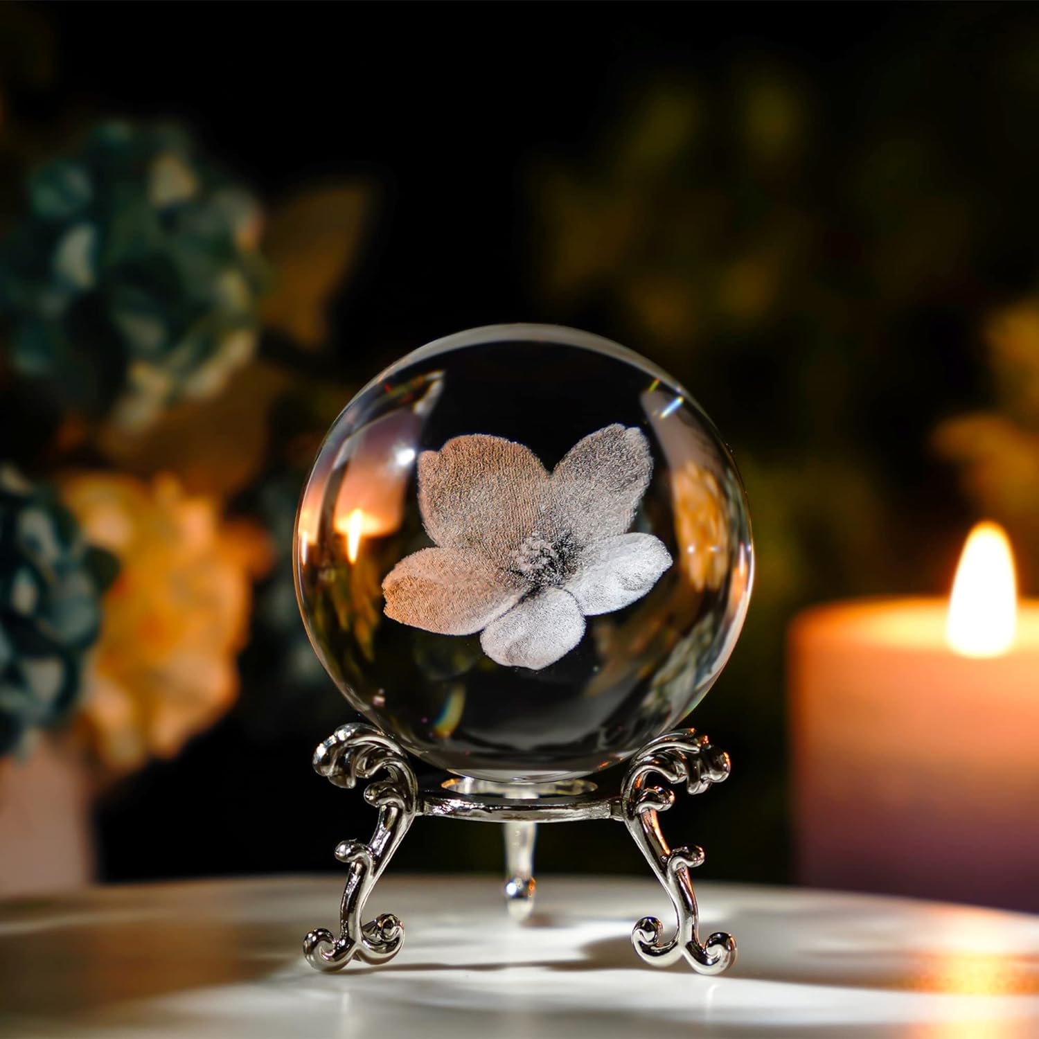 HDCRYSTALGIFTS 60Mm 3D Inner Carving Rose Flower Crystal Ball Paperweight with Sliver Stand Fengshui Home Decor