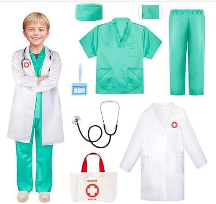 Kids Doctor Costume, Child Role Play Costumes Unisex Fancy Dress Costume Doctor Scrubs for Kids Nurse Costume for Halloween Cosplay Party (Green, (8-9) Yrs)