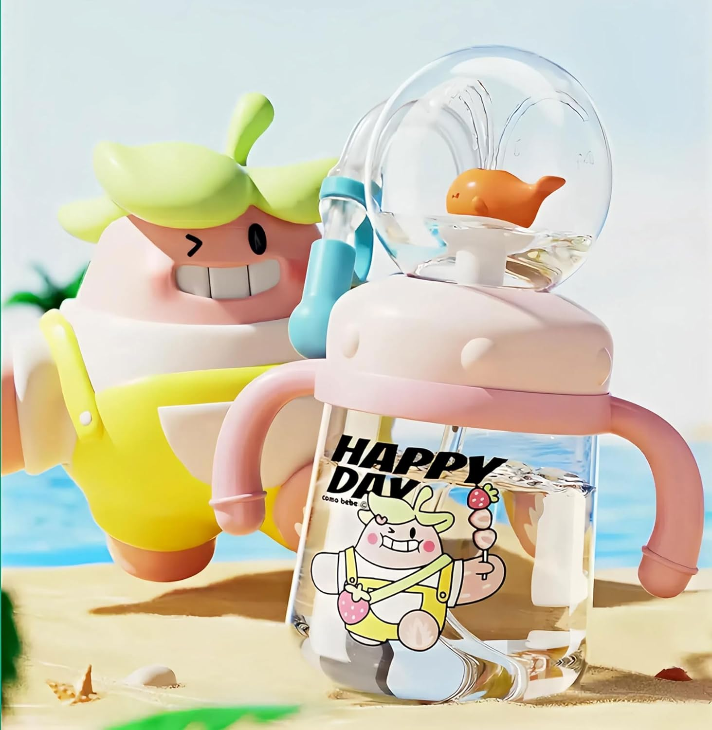 Drinking Cup with Whale Squirt, Weighted Sippy Cups with Adjustable Straps, 300Ml Whale Water Cups with Silicone Soft Tip, Portable Leak Proof Straw Sippy Cup for Kids(Green, Plastics) - Green, Stainless Steel image number 2