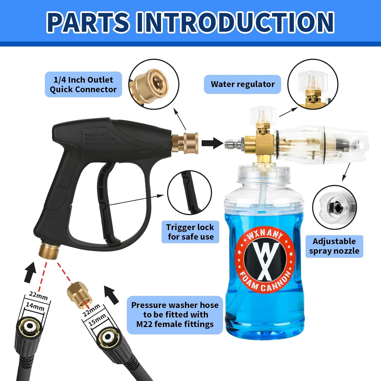 WXNANY Crystal Clear Foam Cannon Snow Foam Gun with 1/4 Inch Quick Connect, Short Pressure Washer Gun, 1L Wide Mouth Bottle Multifunctional Clean Accessories for Home Car Motorcycle Bike image number 3