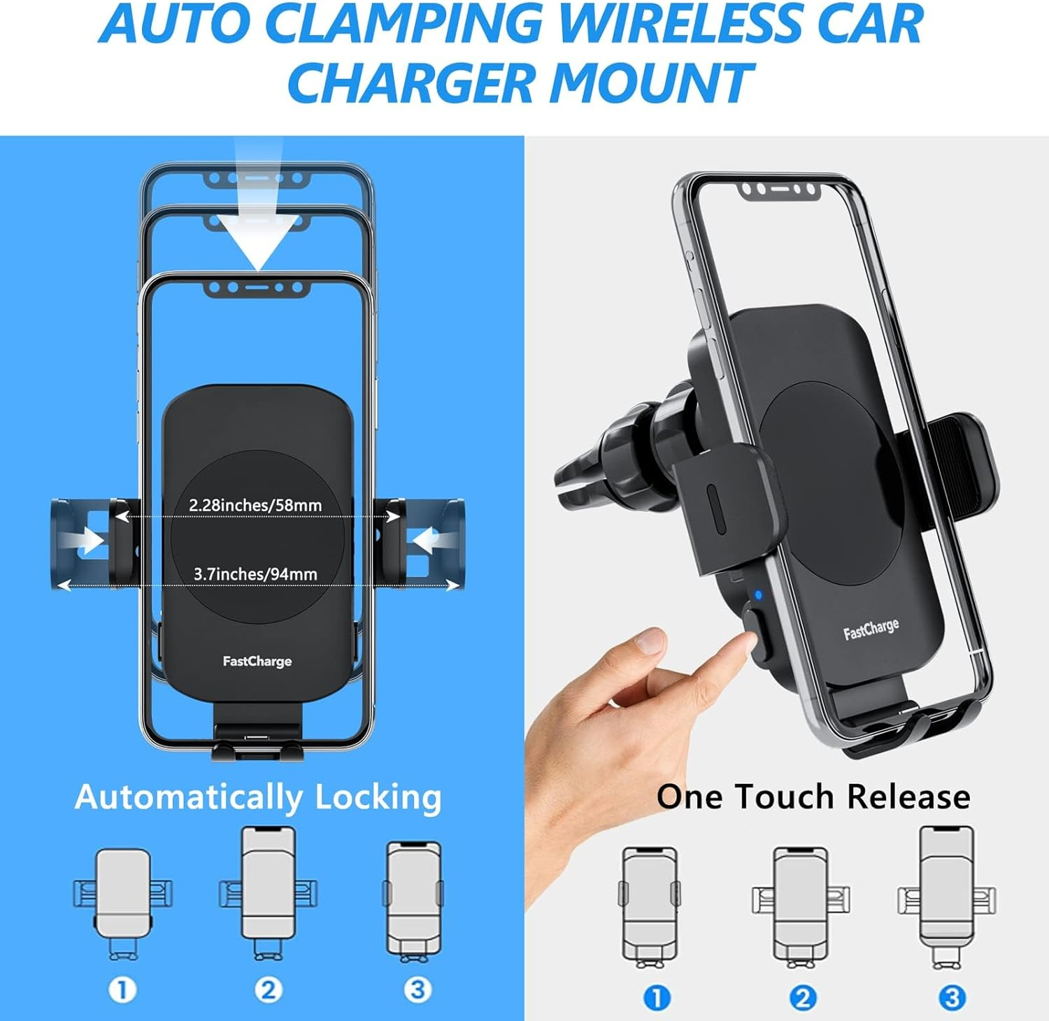 Wireless Car Charger, Fast Charging 15W Auto Clamping Car Charger Phone Holder Phone Mount for Iphone15 14 13 12 11 Pro Max Xs, Samsung Galaxy S23 Ultra S22 S21 S20 S10+ Note 9, Etc image number 5
