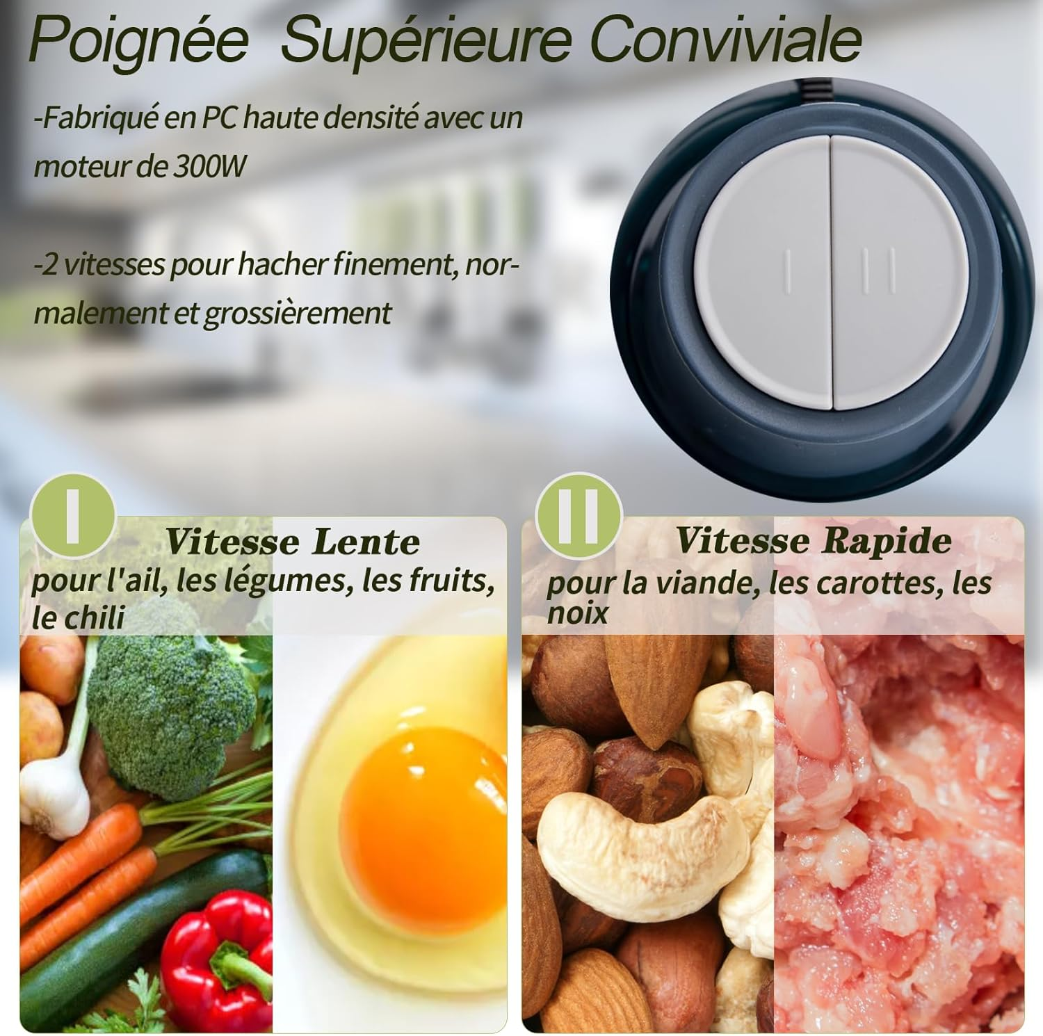 Electric Chopper, 300W Blender Chopper 2L with Copper Motor & Stainless Steel Bowls, 4 Removable Blades, 2 Adjustable Speeds Food Processor for Meat/Vegetables/Fruits/Kitchen image number 3