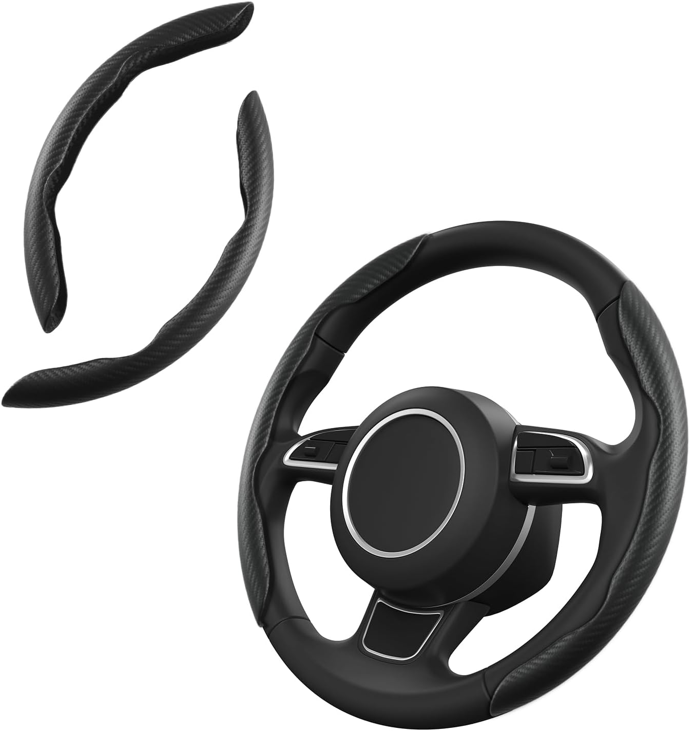 Carbon Fiber Steering Wheel Cover, Snap on Car Steering Wheel Cover Set Accessories Wrap Grip Non Slip Protector Universal (Laser Carbon Silver)