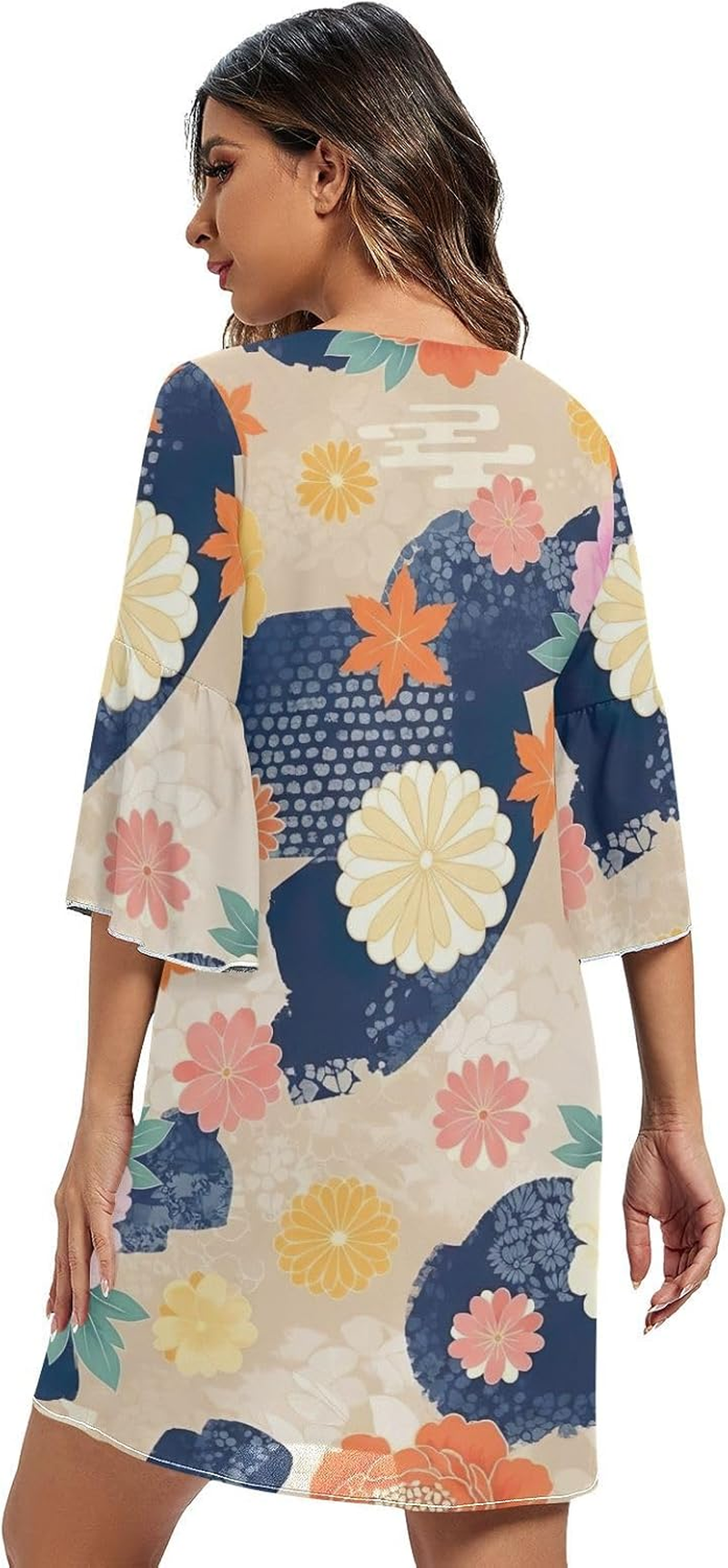 Japanese Florals Peonies V Neck Line Dress Printed Line Maternity Dress image number 3