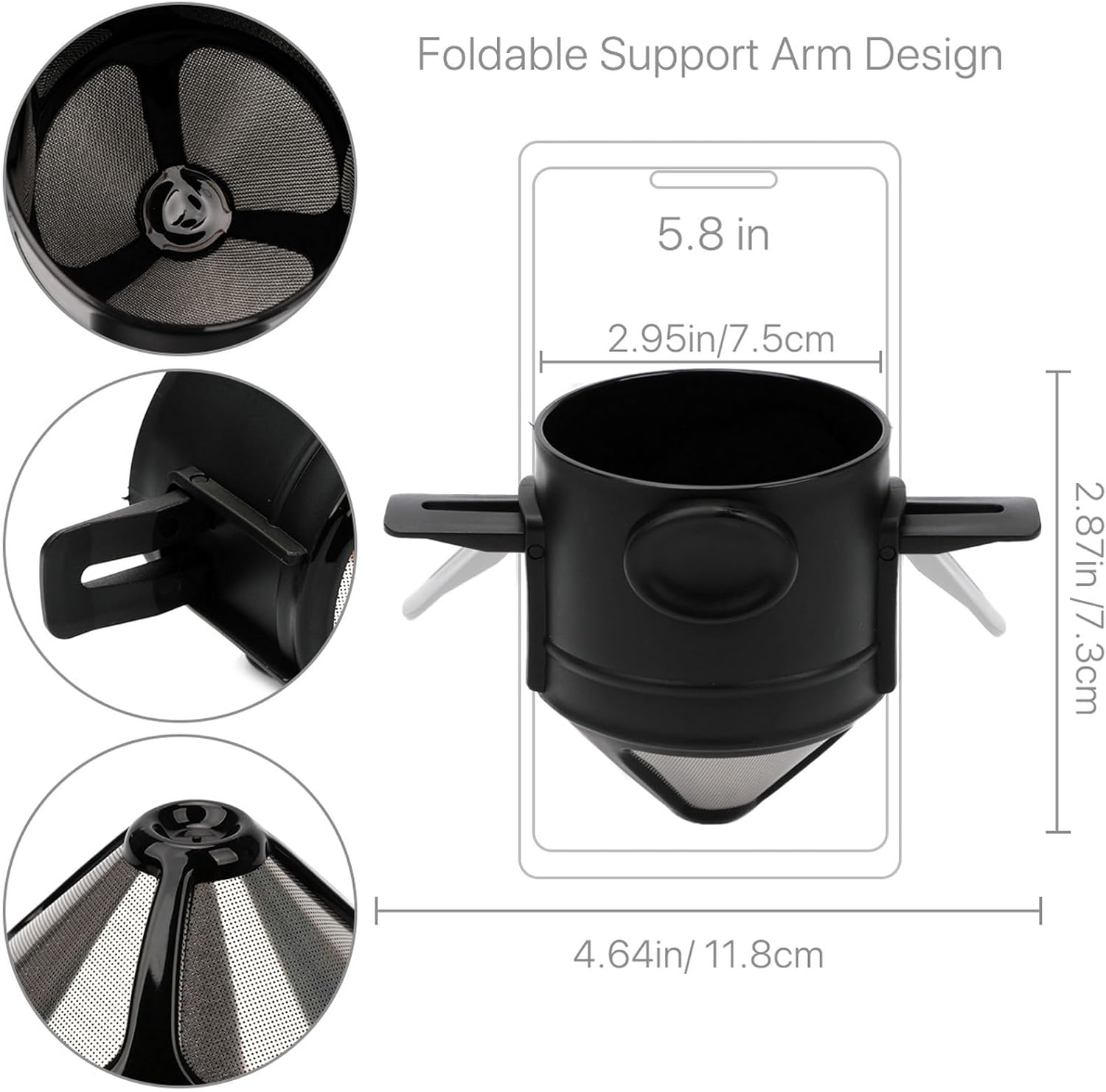 VANANA Reusable Pour over Coffee Maker, Stainless Steel Cone Coffee Dripper Filter 1-2 Cup, Paperless with Collapsible Holders for Home Office Travel Camping