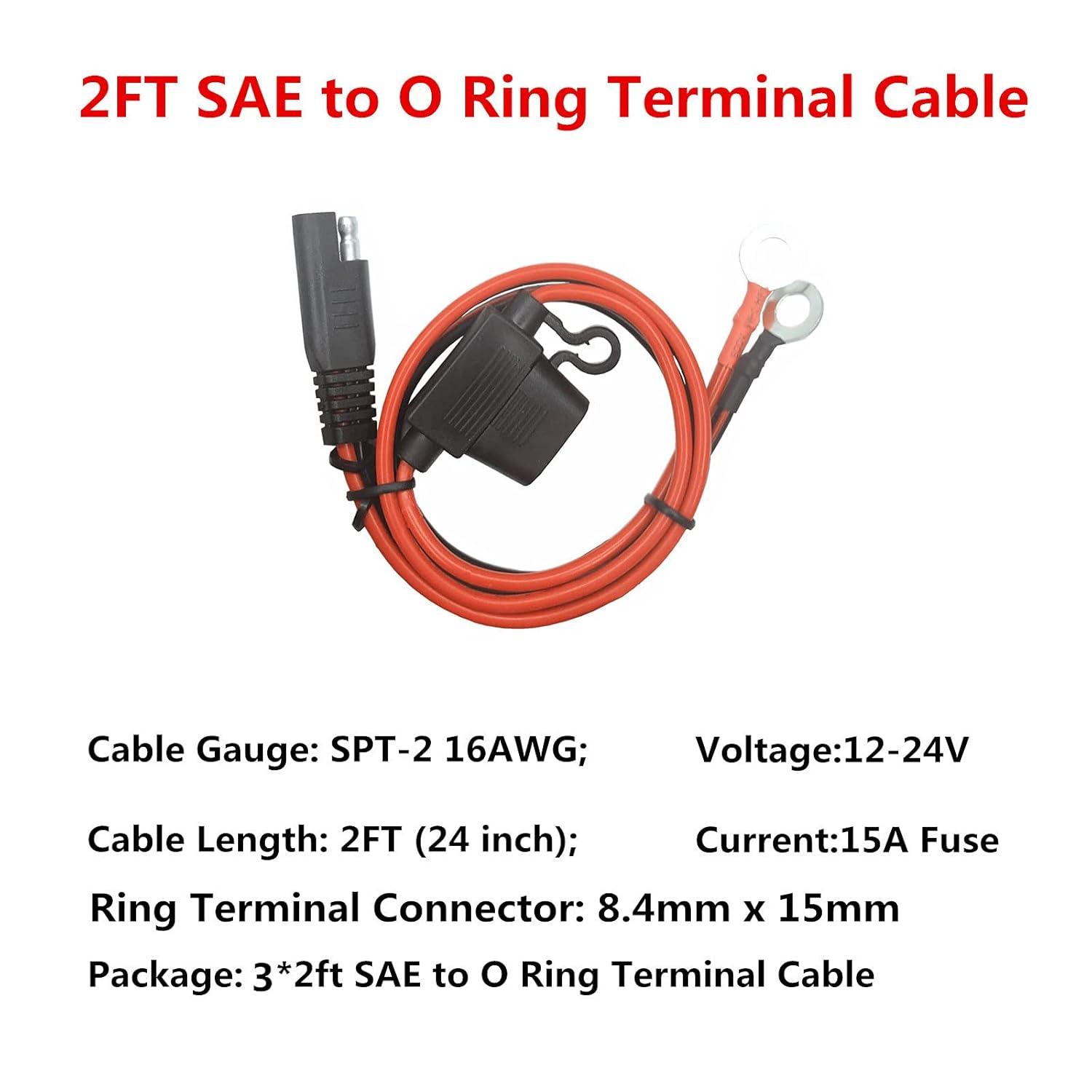 O Ring Terminal Cable - 2FT SAE Connector, SAE Plug to Battery Charger Cord, Solar Panel Cord Ring Terminal Harness Extension Adapter 2 Pin Quick Connect and Disconnect with 15A Fuse (3) image number 3