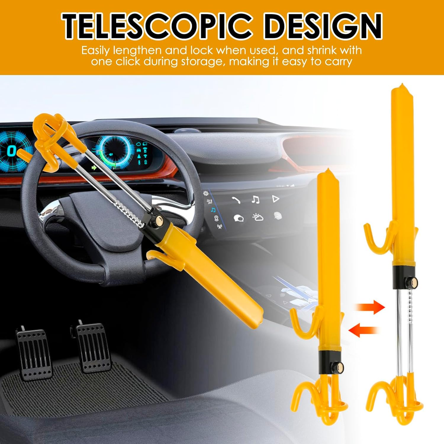 Steering Wheel Lock Anti-Theft Heavy Duty Car Device with 2 Keys Universal Car Steering Wheel Lock with Double Hooks Design Adjustable Length for Cars Trucks Vans and Suvs(Yellow, 1Pc)