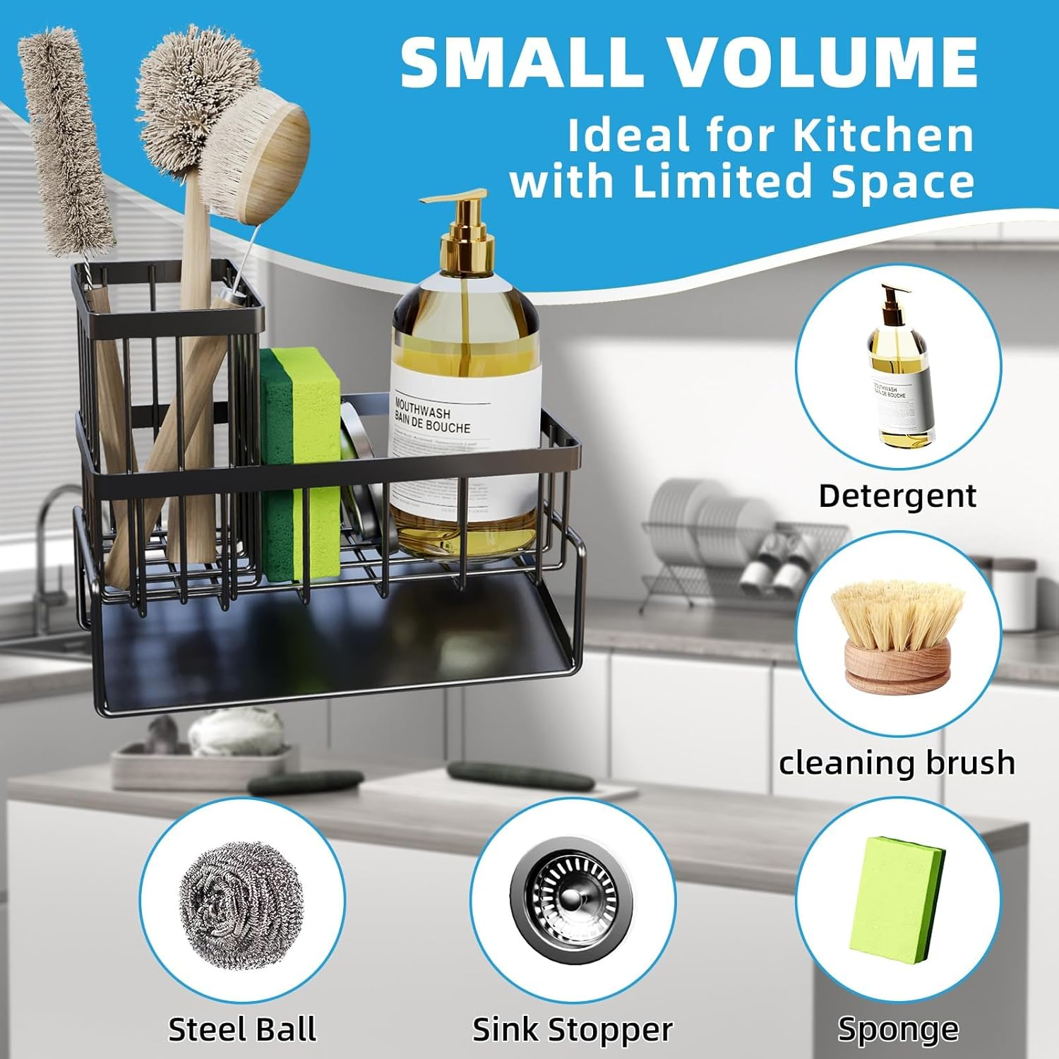 Sponge Holder for Kitchen Sink Caddy Organizer, Soap Sponge Caddy with Brush Holder, Rustproof Sink Accessory with Dividers for Storage Kitchen Gadgets image number 4