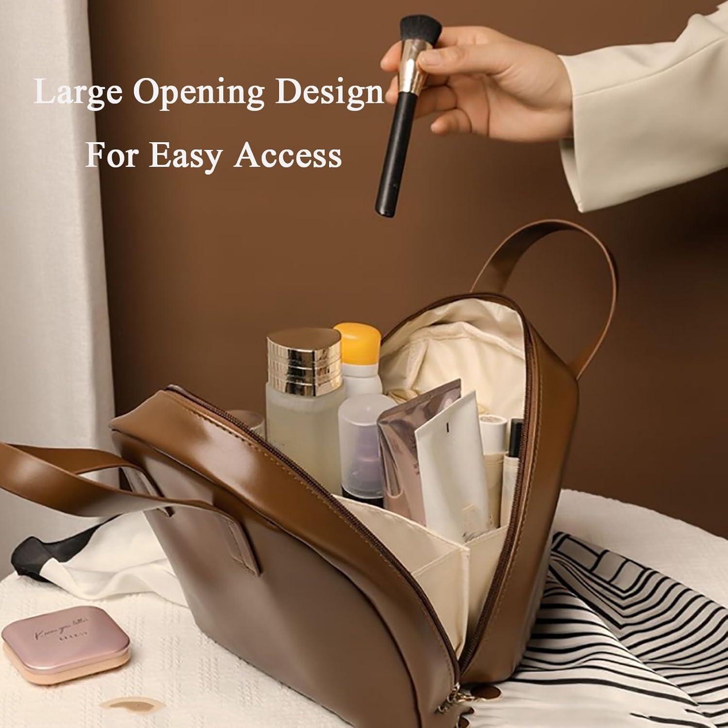 Multi Layered Shell Shaped Cosmetic Bag, Lightly Travel Multi-Layered Shell-Shaped Cosmeticbag, Portable Large Capacity PU Shell Waterproof Handbag Stylecosmetic Bag for Women (White) - Pink image number 6