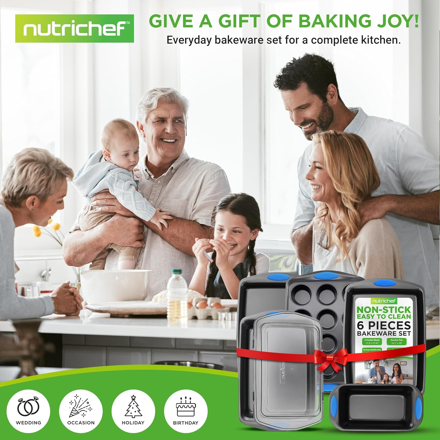 Nutrichef 6-Piece Baking Pan Set - PFOA, PFOS, PTFE Free Flexible Nonstick Gray Coating Carbon Steel Bakeware - Professional Home Kitchen Bake Cookie Sheet Stackable Tray W/Blue Silicone Handles - Gold image number 5