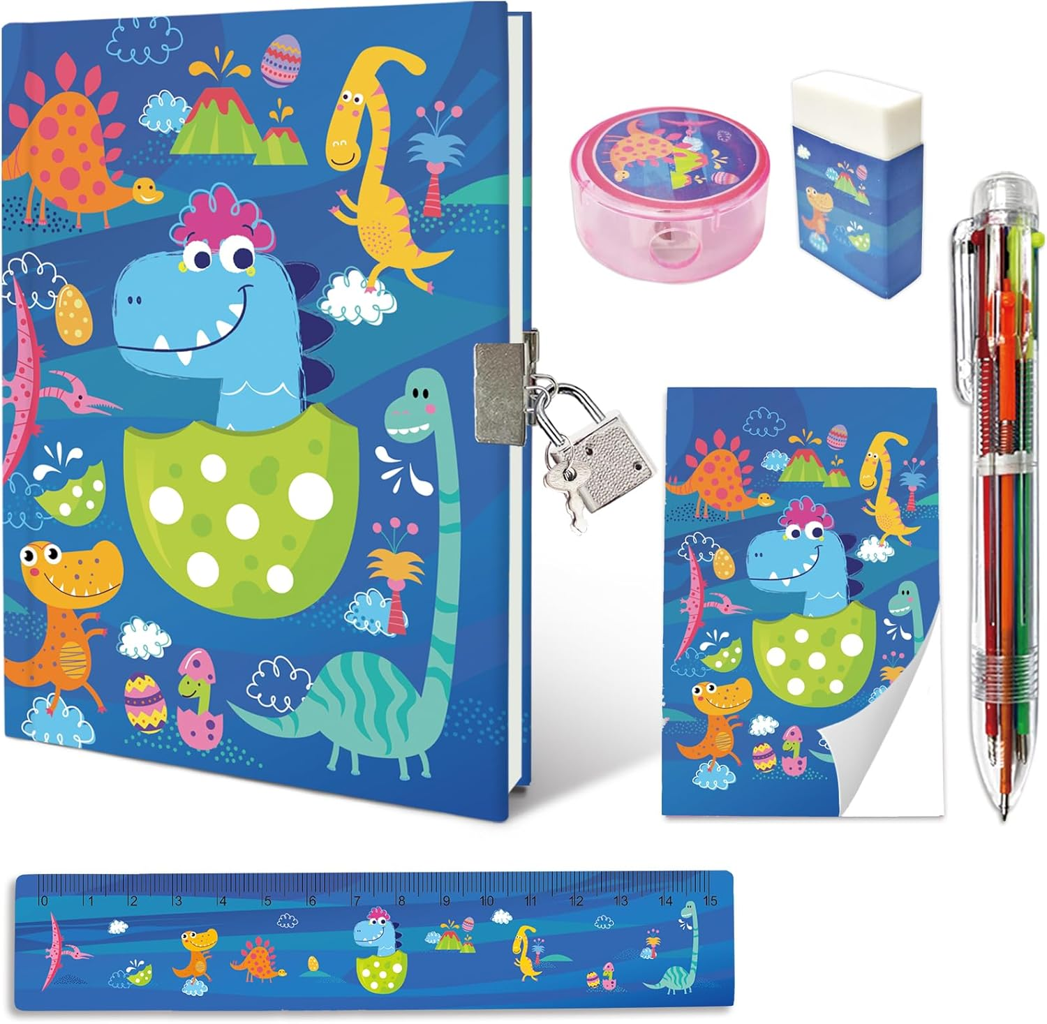 Set of Girls Diary with Lock, Butterfly Kids Journal Pen Set Includes 7.1X5.3 Inches Pink Girls Notebook Memo Pad Ruler 6 Multicolored Pen Sharpener Eraser Stationary Kit Gifts for Girls 6-10 Year