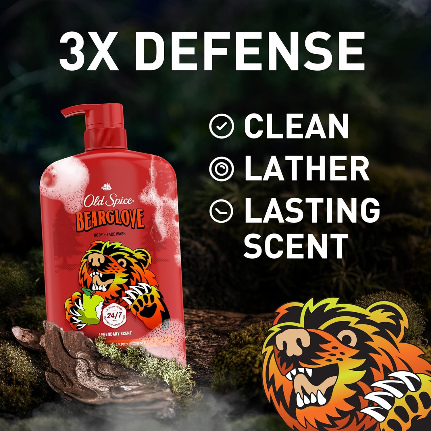 Old Spice Cleansing Body Wash for Men, 3X Defense, 24/7 Shower Fresh with Lasting Scent, 2-In-1 Body & Face Wash, Bearglove with Crisp Orchard Scent, 33.4 (Pack of 4) image number 1