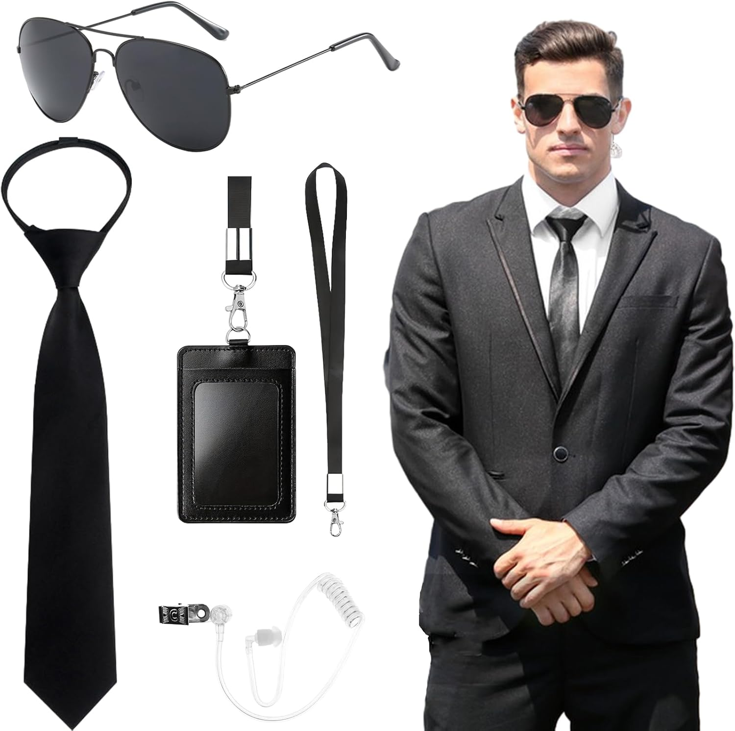 5 Pcs Agent Accessories Set, Security Guard Cosplay Kit with Sunglasses, Tie, Card Holder, Earpiece Tube for Adults, Kids Cosplay Dress up Party image number 2