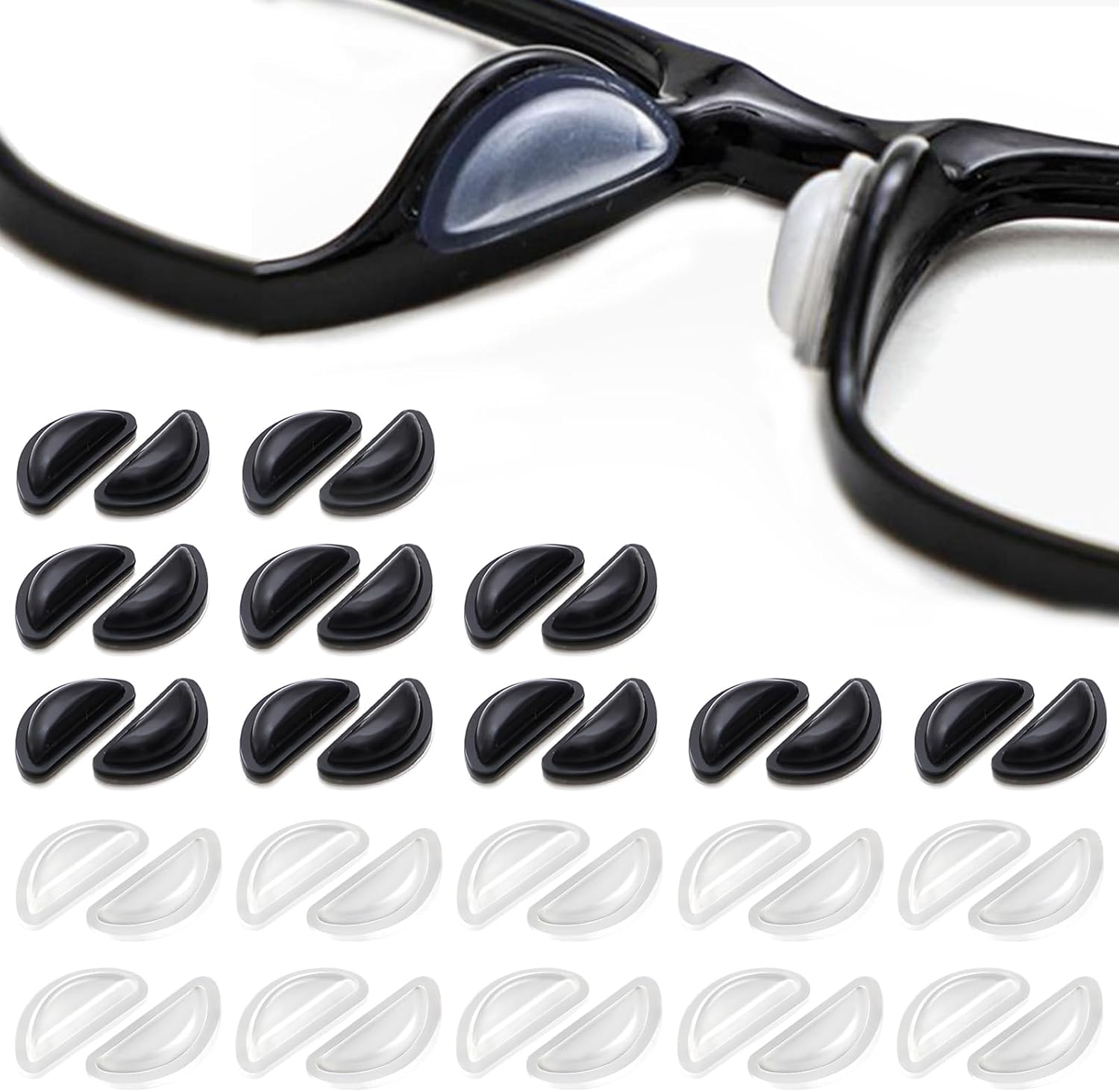 Itadaku 20 Pairs Silicone Anti-Slip Glasses Nose Pads, Soft and Thick Adhesive Nose Grips with Air Bag for Eyeglasses, Sunglasses, and Reading Glasses (White & Black)