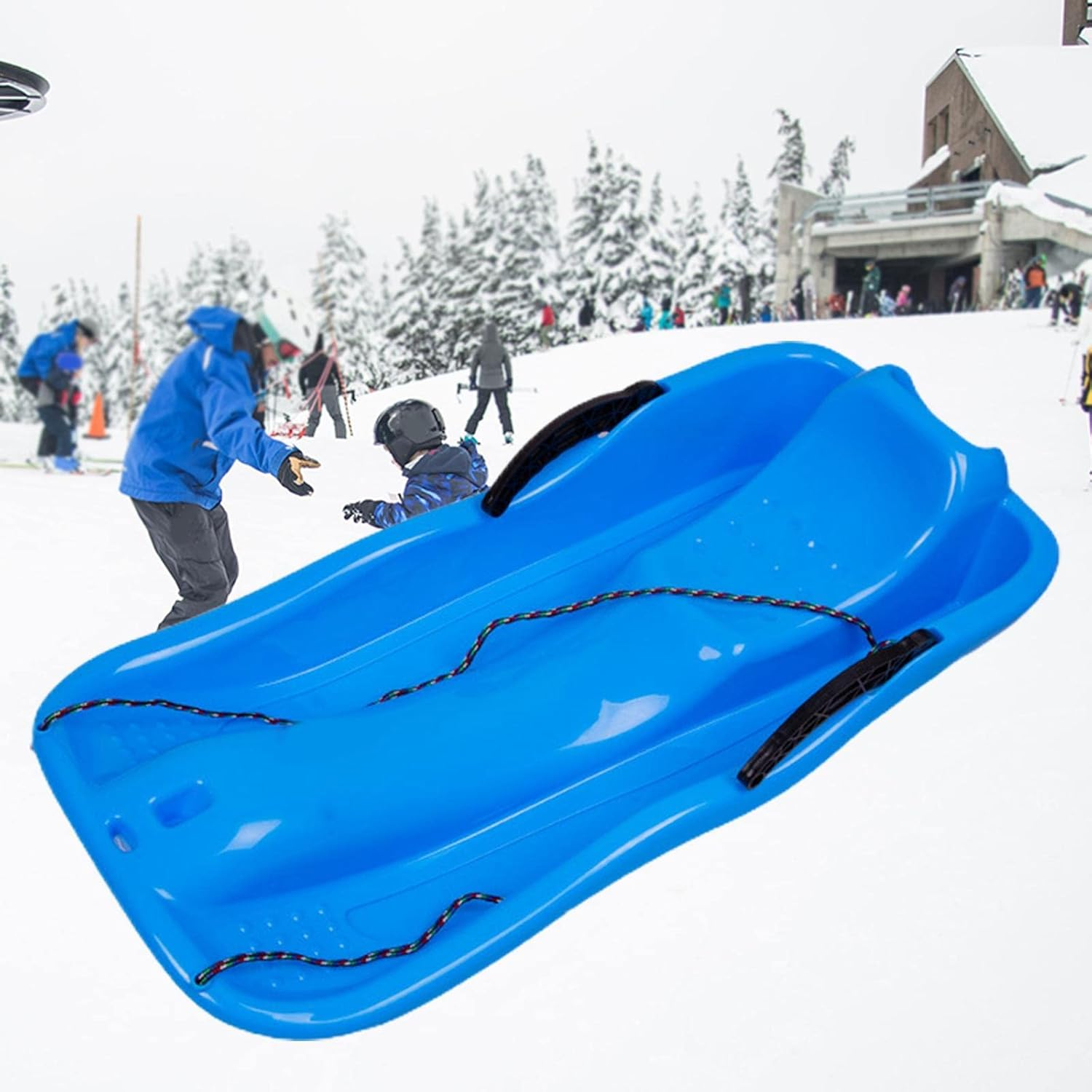 Toboggan Double Human Sleigh Sledding Kids Sledge with Double Seat Ski Board Toys Winter Snow Sled for Children Outdoor Backyard Holiday, Blue