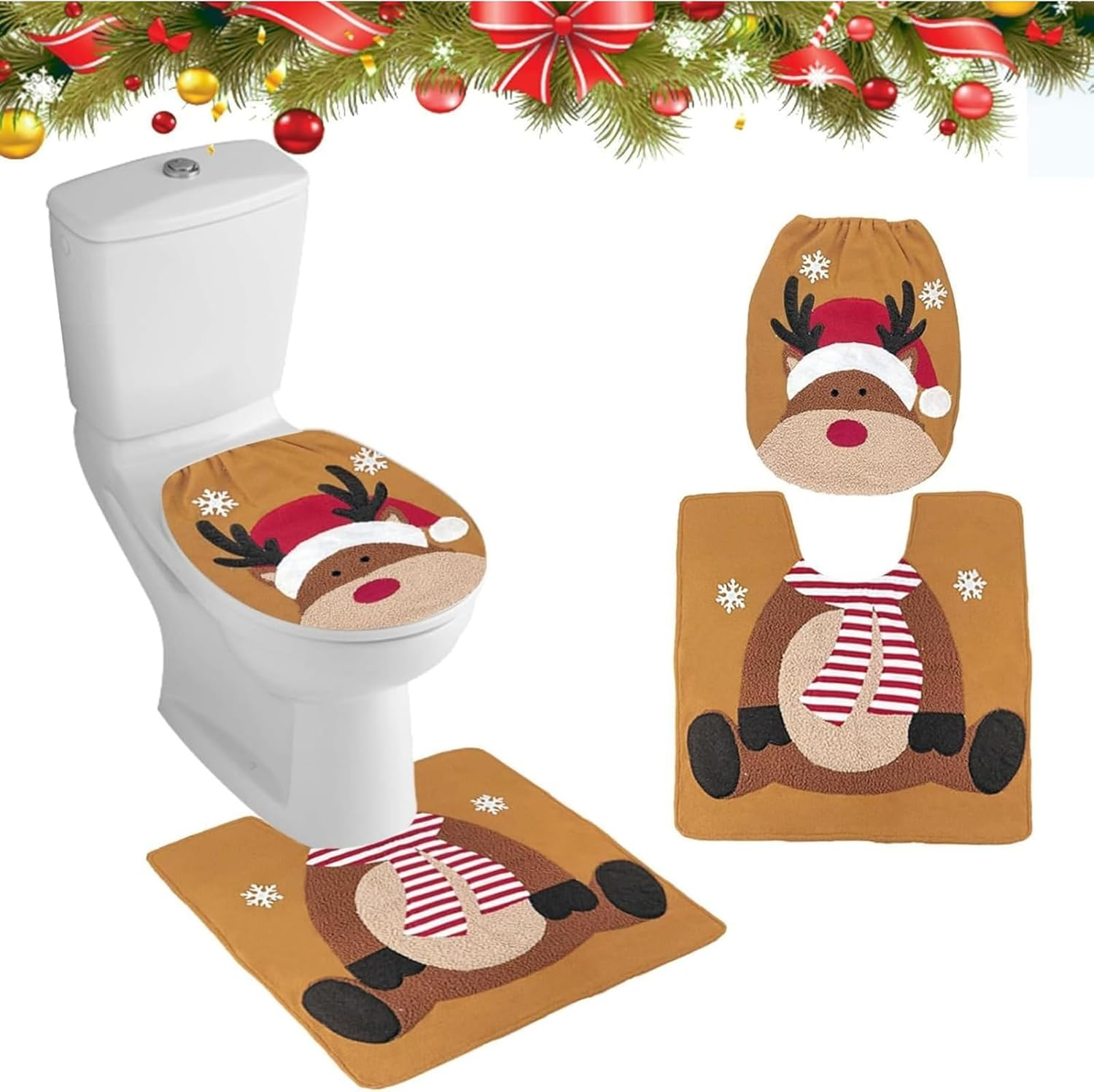 1 Set Christmas Toilet Set, Elk Toilet Cushion, Holiday Bathroom Decorations for Toilet Lid & Floor, Festive Xmas Bathroom Decoration Accessories image number 5