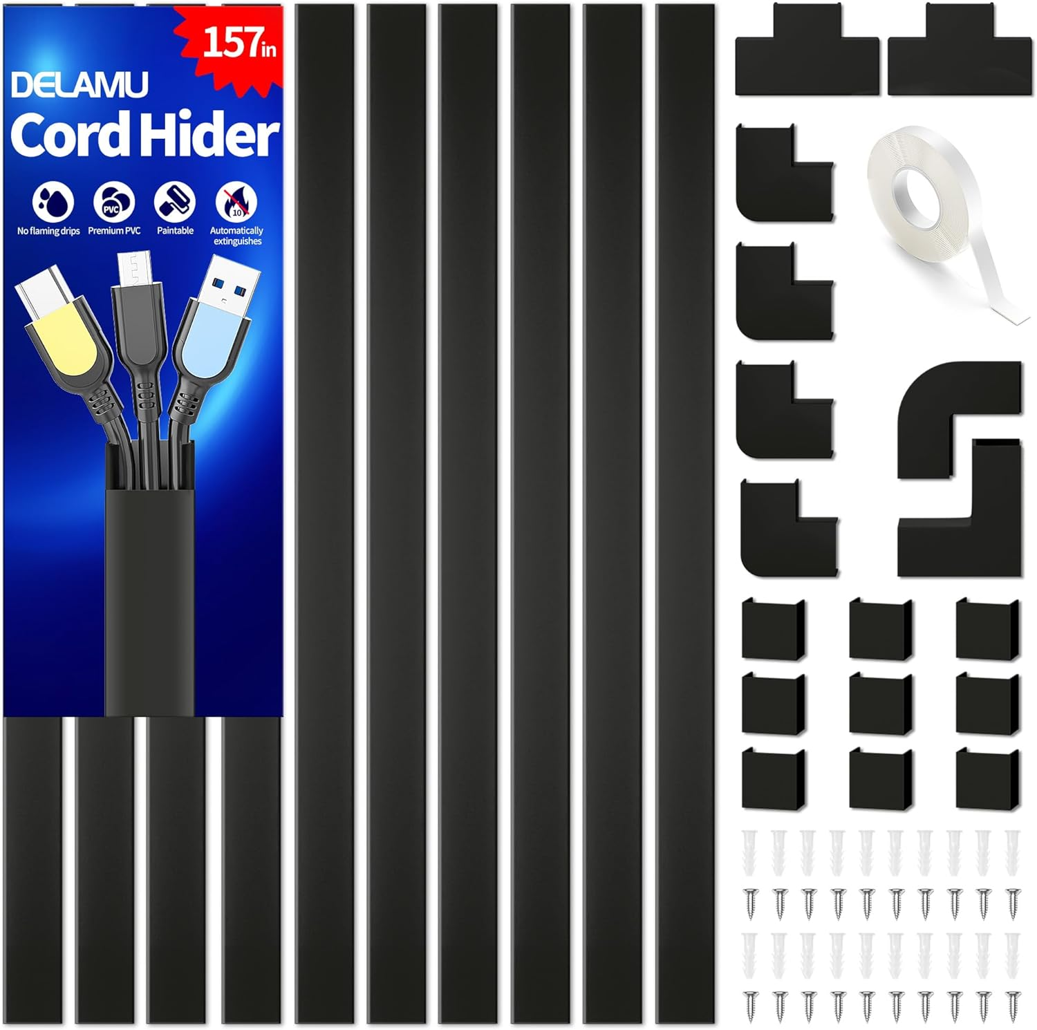 Delamu Cord Hider, 157In Wire Covers for Cords on Wall, Premium Cable Hider Cord Covers for Wires, Cable Management Wire Hiders for TV, Cable Raceway Kit, 10X L15.7X W0.95X H0.55In, White