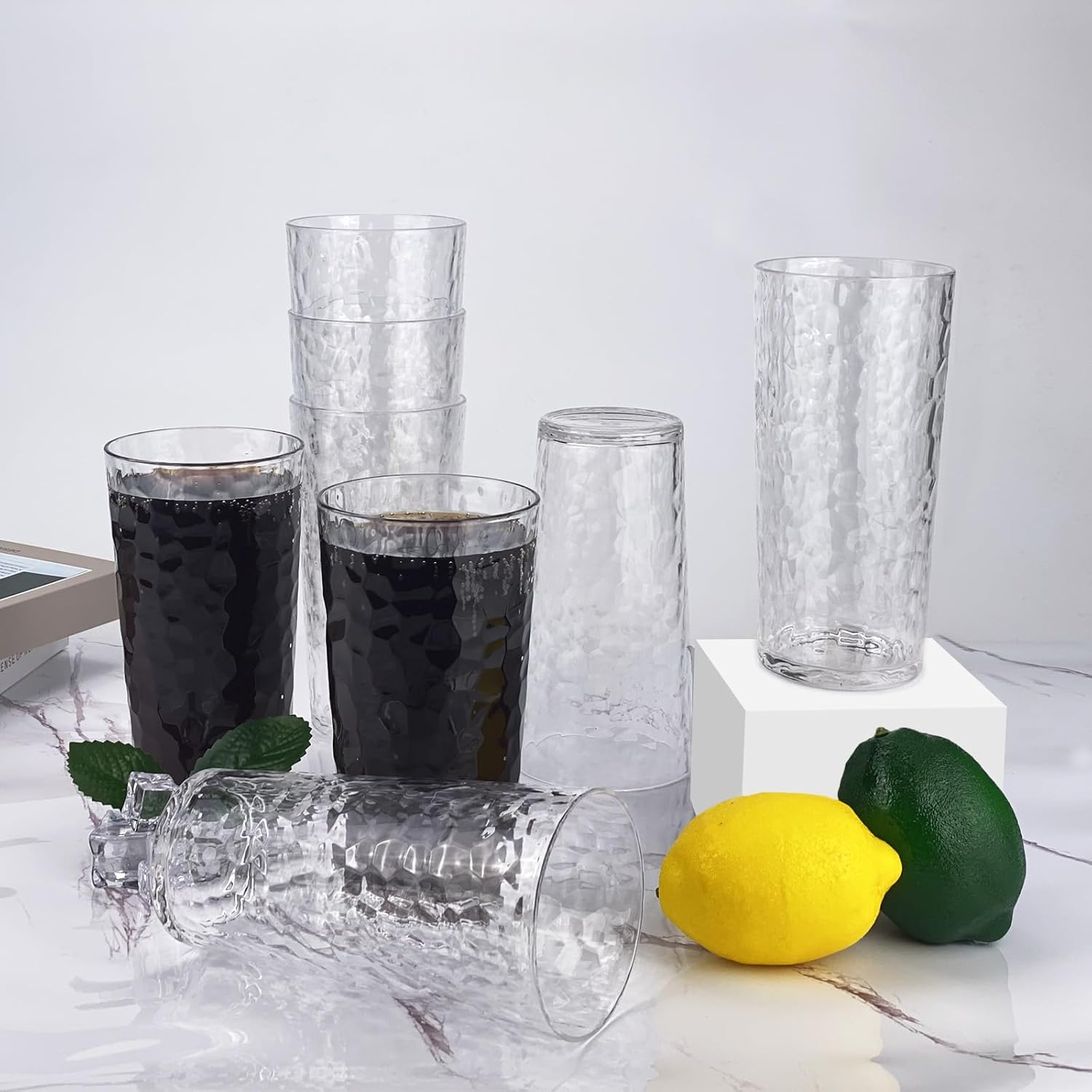 Yalin 24-Ounce Plastic Tumbler Acrylic Drinking Glasses, Reusable Plastic Cups, Stackable, Bpa-Free, Shatter Proof, Dishwasher Safe, Set of 8, Large, Clear, TG142 - Blue image number 5