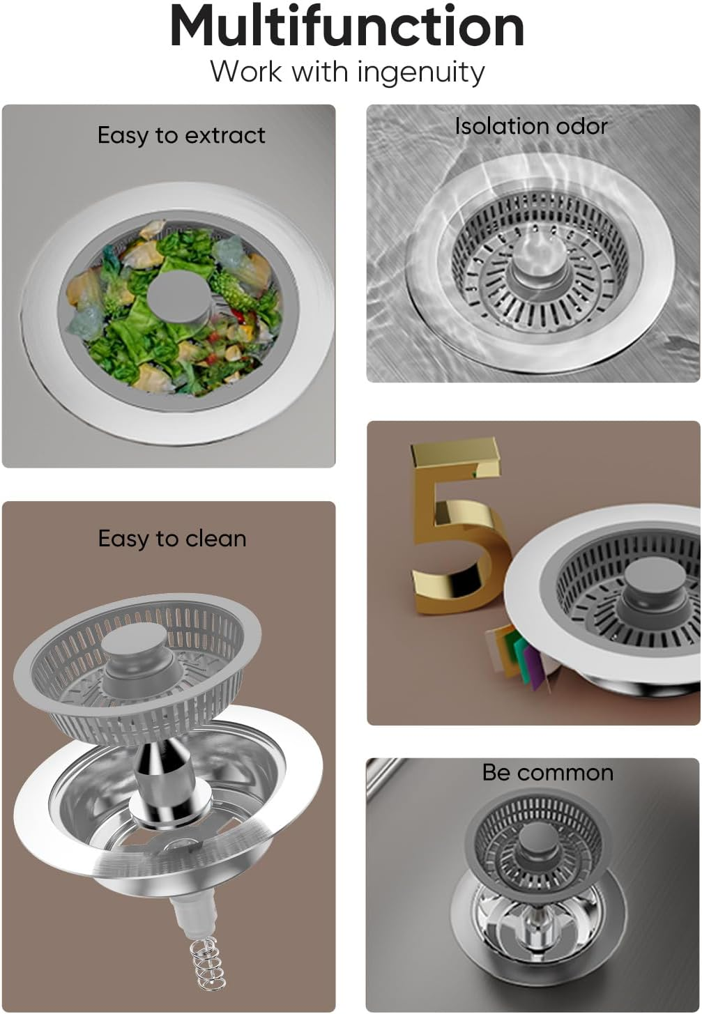 2 Pcs Kitchen Sink Drain Strainer and Stopper Combo, 3 in 1 Stainless Steel Pop-Up Sink Stopper & Drain Strainer for Standard Drains, Ideal Sink Protectors for Kitchen Sink image number 5