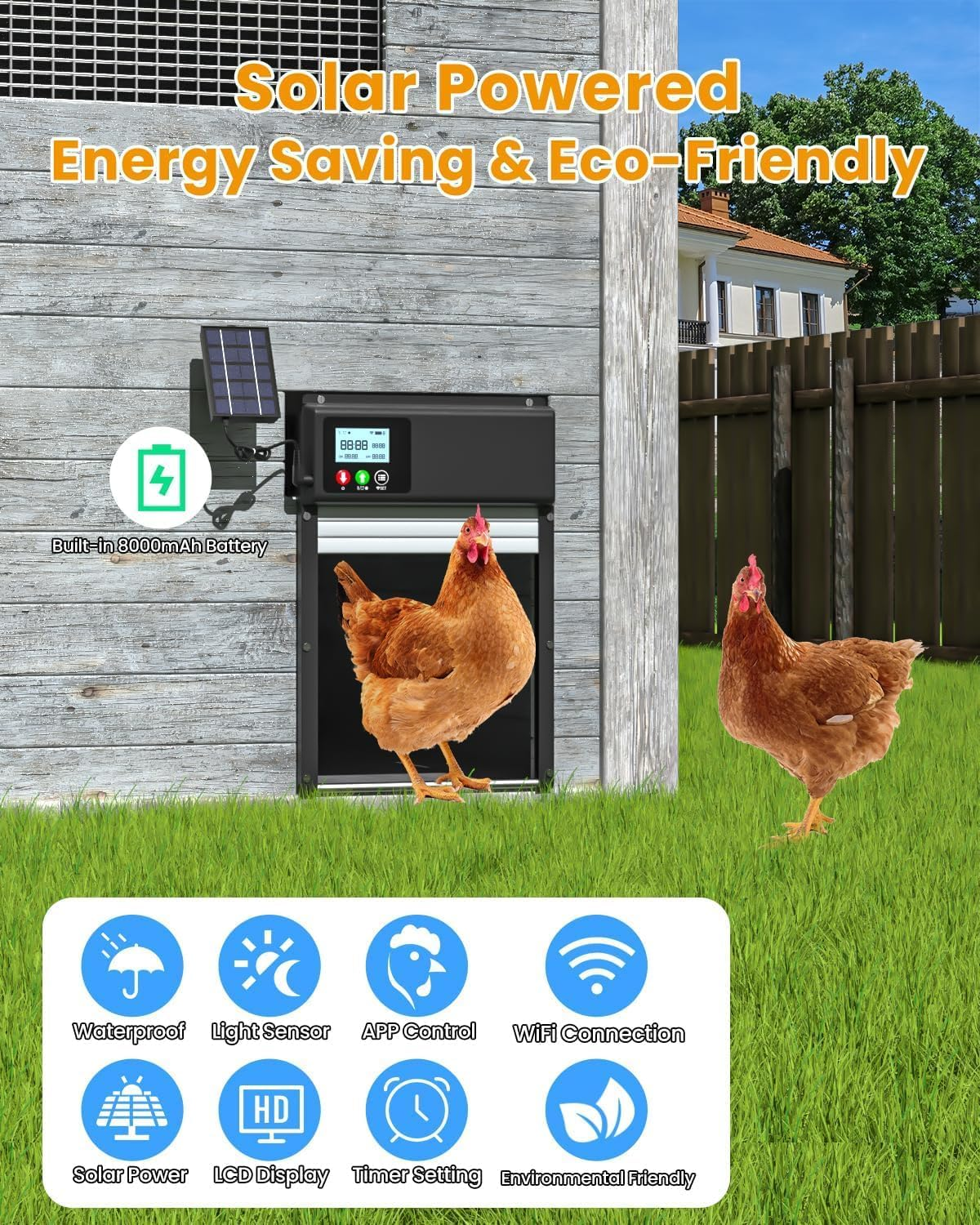 Upgraded 3In1 Wifi Automatic Chicken Coop Door Solar Powered, APP Remote Control Chicken Coops Door Opener, LCD Display, Timer Light Sensor, Electric Auto Doors 8000Ma Battery, Anti-Pinch