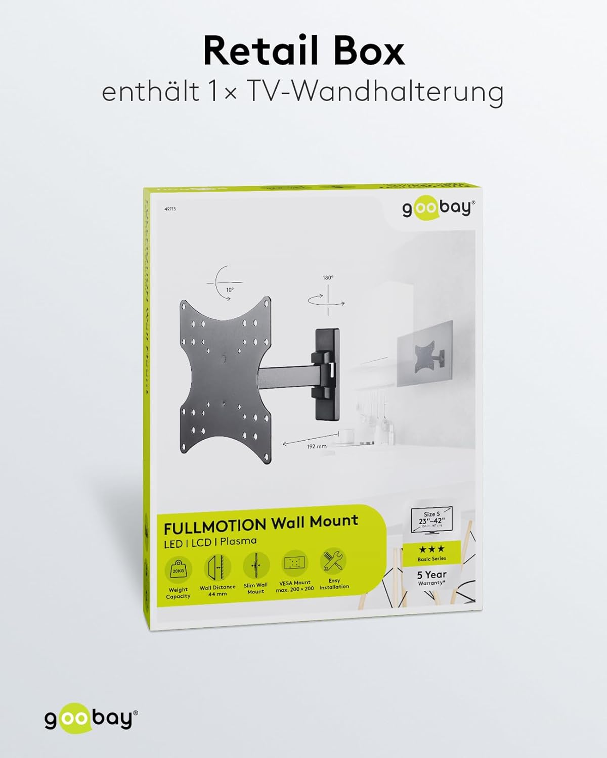 Goobay Fullmotion S2 Single-Arm Wall Mount for TV Size 23-42, Black image number 3