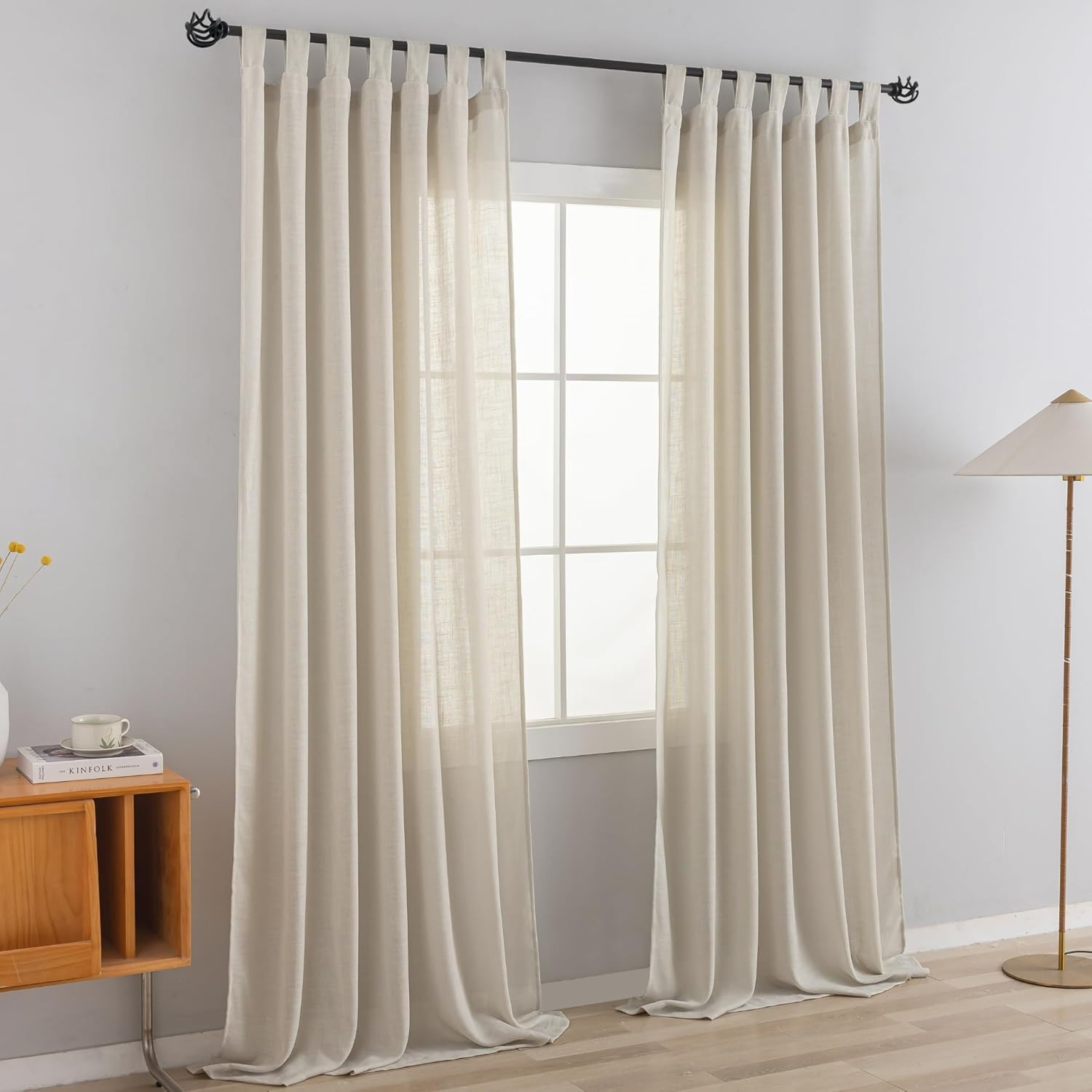 VOILYBIRD Natural Linen Semi Sheer Curtains Tab Top Light Filtering Elegant Curtains & Drapes for Living Room 52 X 84 Inch Length, 2 Panels, Linen Beige image number 4
