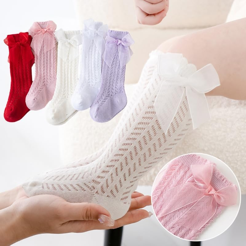 Baby Girls Knee with Bows Baby Girls Knee High Socks the Hollow Out Anti-Skid Knitting Sock image number 3
