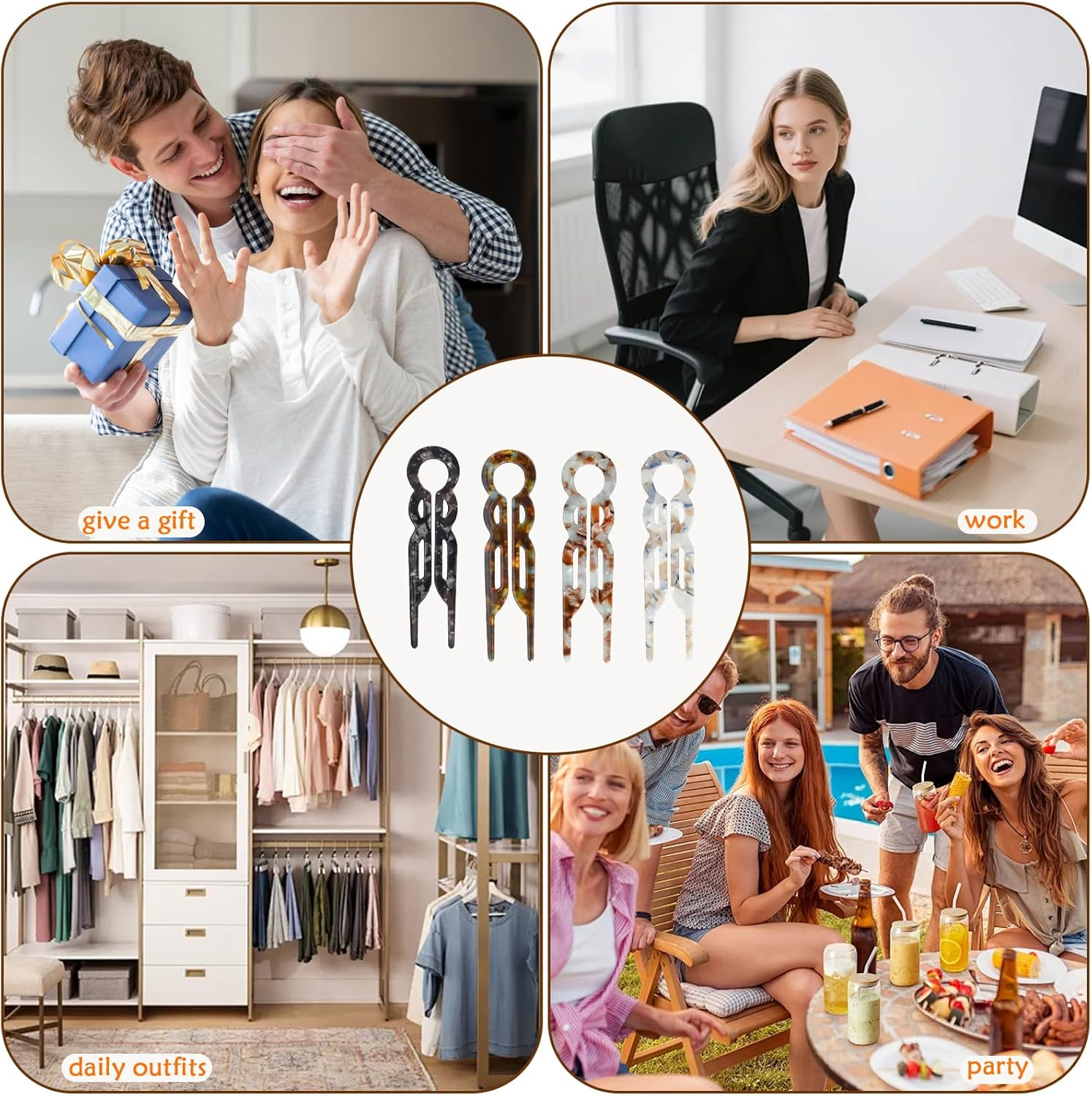 4 PCS French Hair Pins, Long Elegant Hair Clips for Women, Hair Accessories for Women, Spiral Hair Pins for Thin Thick Fine Long Hair, Stylish Hairpins in Marble, Vintage Green, Black Floral, Brown image number 3