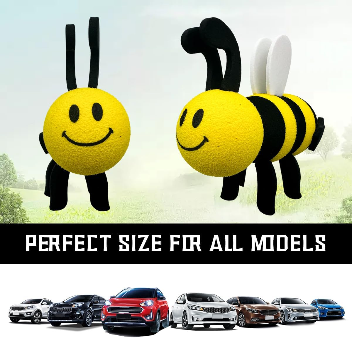 Bee Car Antenna Toppers, Automotive Roof Lovely Face Bumble Bee Antenna Balls Stickers Decor, EVA Funny Cute Honey Bee Antenna Hat for Vehicles, Universal Car Accessories (White)